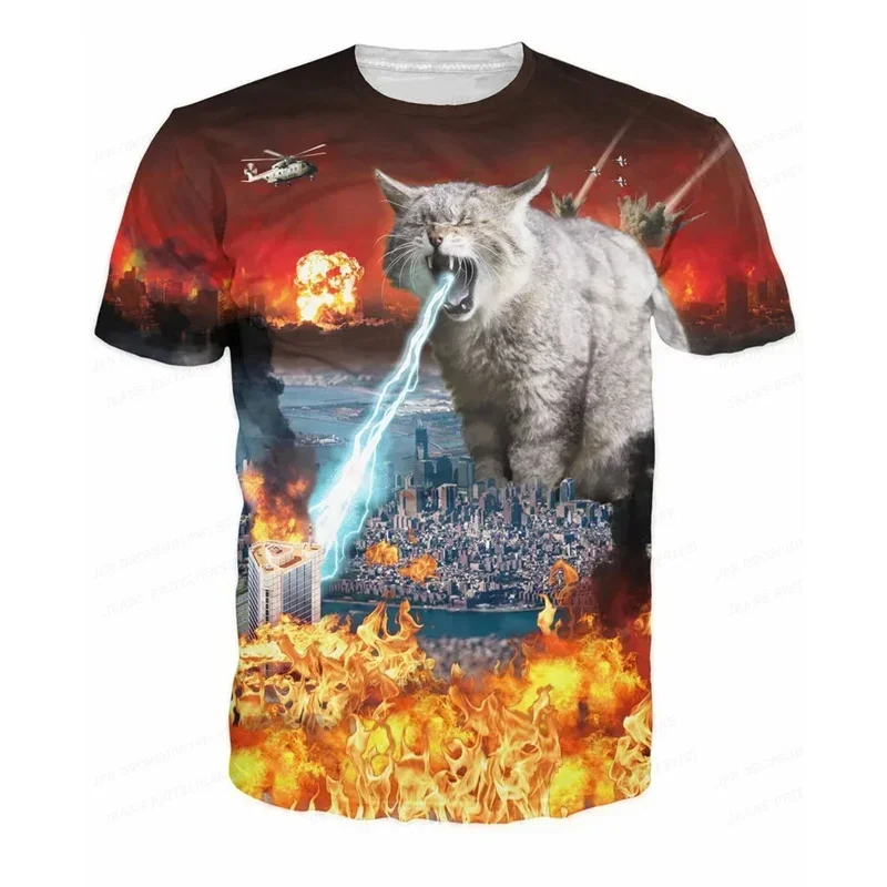 3D Printed Funny Cat T Shirt For Men Animal Food Pattern Tees Summer Street Oversize Short Sleeve Tops Loose Round Neck T-Shirts photo 3