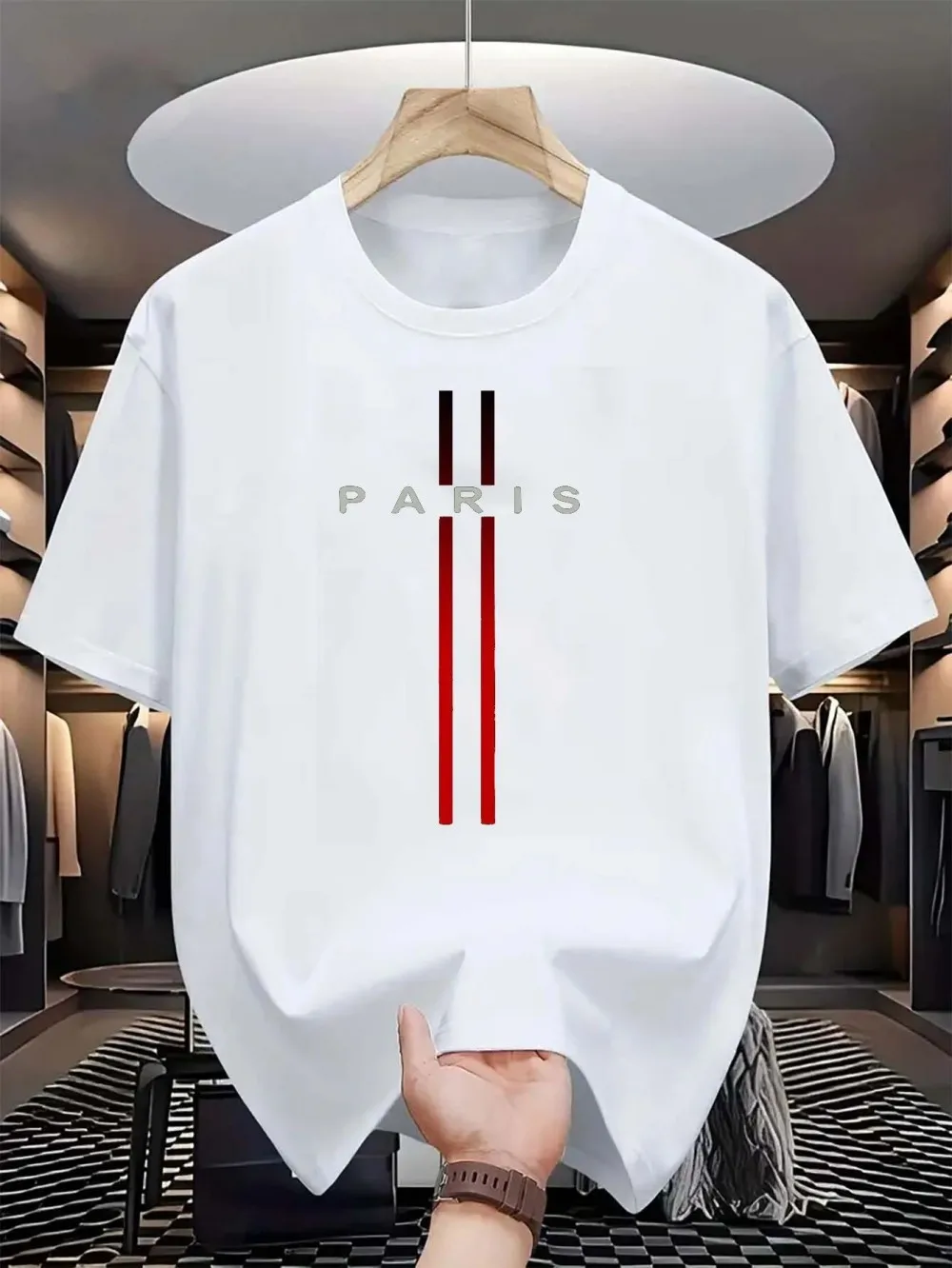 Men's new polyester fabric comfortable and breathable round neck T-shirt Paris letter printed pattern outdoor casual top photo 2