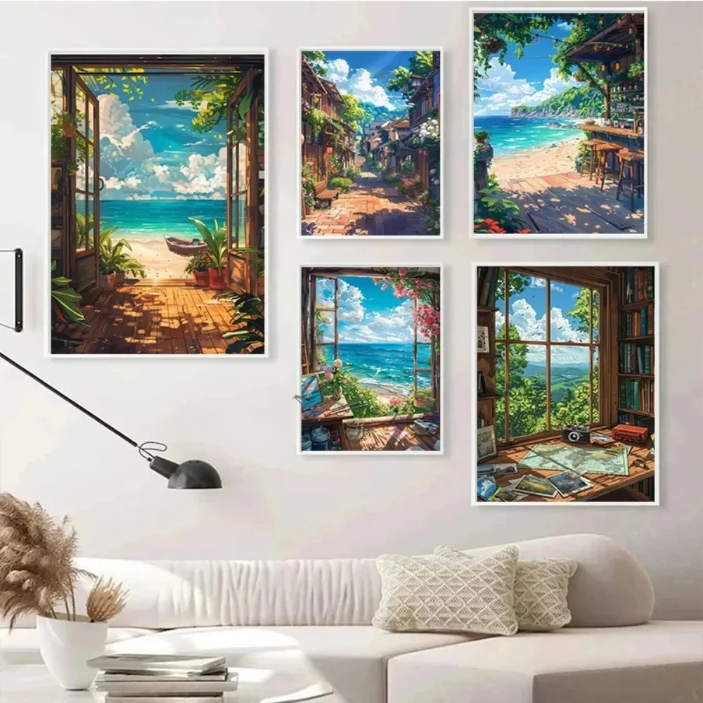Sea Summer Landscape Bar Anime Wall Art Poster Blue Cabin Beach Forest Canvas Painting Print Picture Living Room Modern Decor photo 2