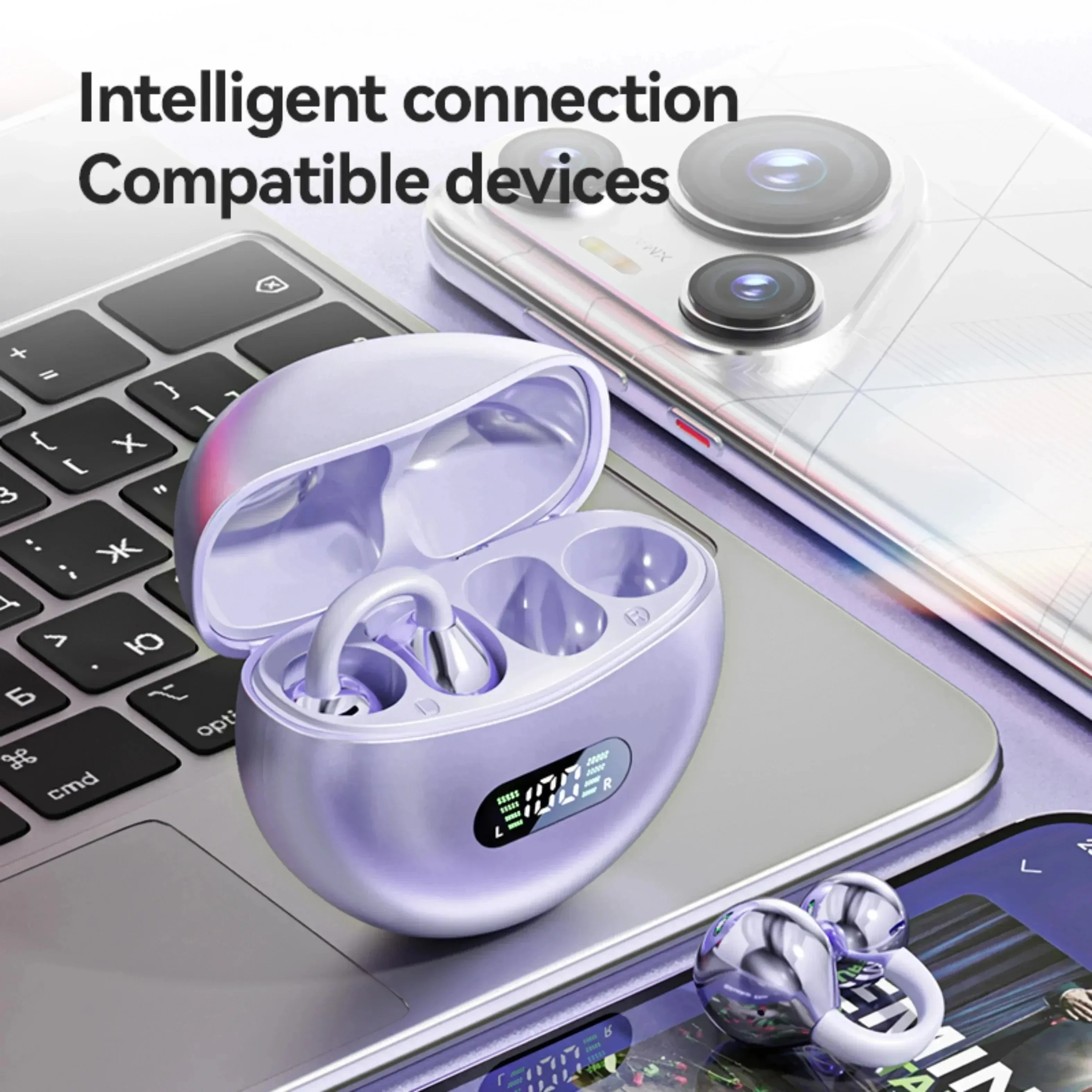 Digital Display Ear Clip Headphones Wireless Bone Conduction Bluetooth 5.4 Earbuds Comfortable Waterproof Sport Headsets photo 6