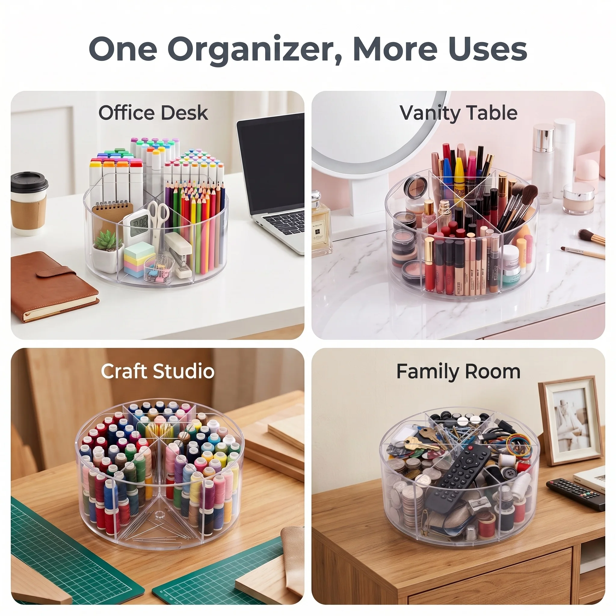 2pcs Clear Acrylic 360° Rotating Desk Organizer - Multi-Purpose Spinning Pen Holder & Makeup Carousel for Office Supplies, Vanity Table, Craft Studio, and Family Room Storage photo 4