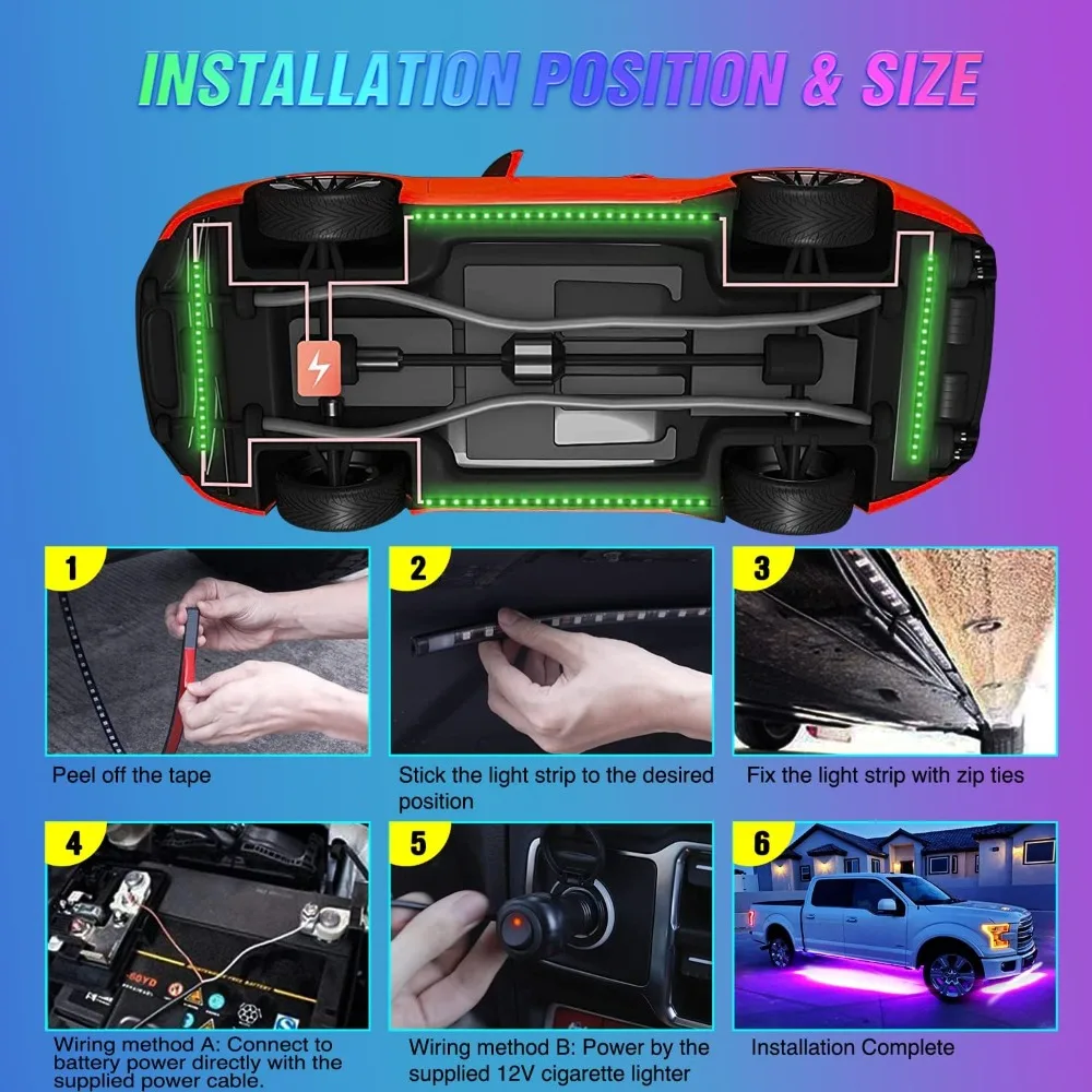 Car Underglow Neon Accent Strip Lights Atmosphere Lamp Neon Accent LED Light Strip App/Remote Control RGB Underbody Decorative photo 3