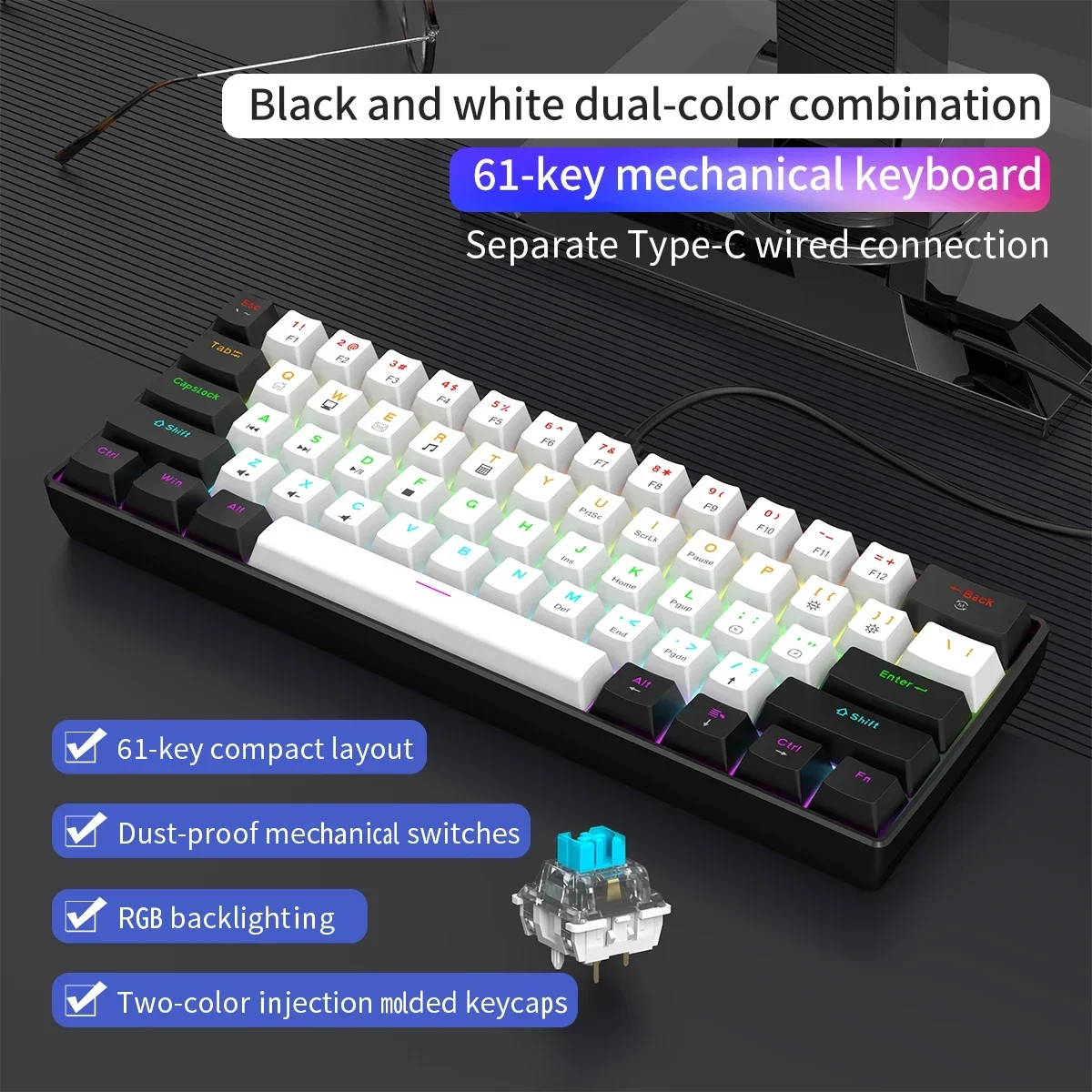 60% Wired Gaming Mechanical Keyboard RGB Backlit Ultra Compact Mini Layout for PC/Mac Gamers And Typists Easy Travel Design photo 1
