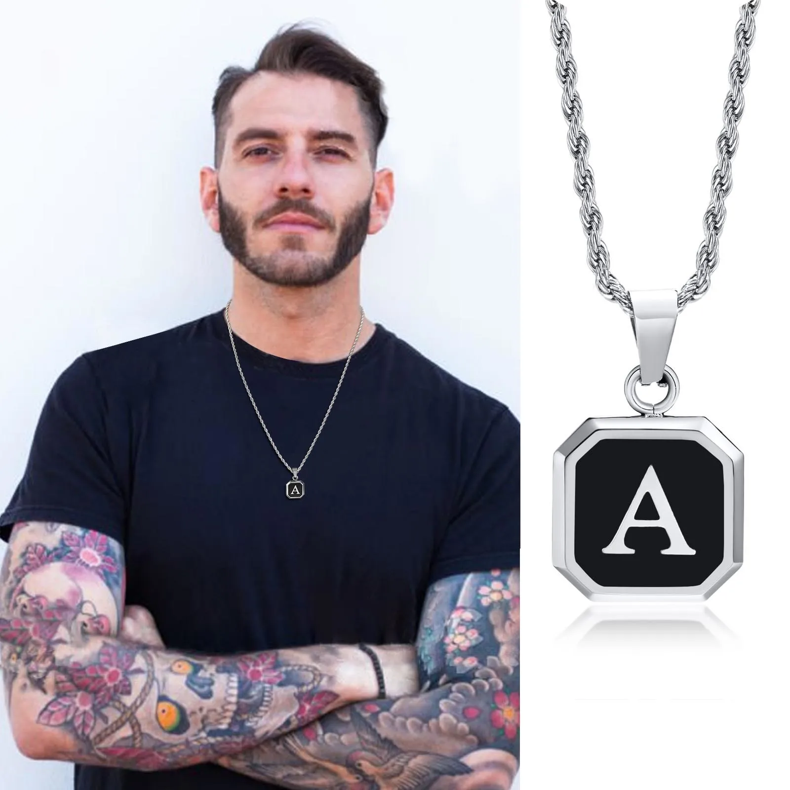 Initials Necklaces for Men Women,A-Z 26 Letters Black Square Stainless Steel Pendant Collar,45-60CM Twisted Rope Chain Gifts photo 3