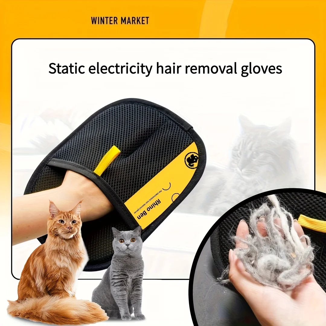 Upgrade Edition Large Pet Static Hair Removal Gloves - Black Polypropylene Cat Grooming Gloves with Yellow Accents photo 2