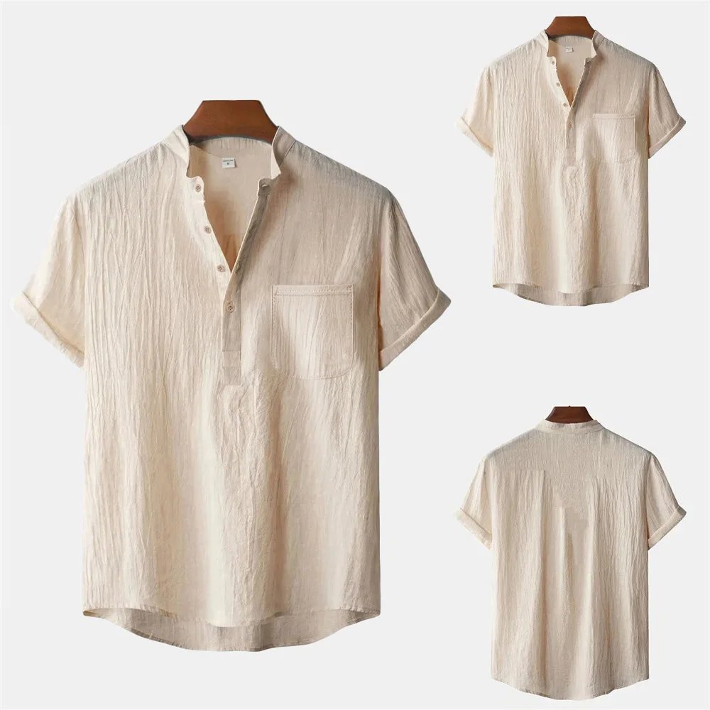 Men's Summer Cotton Linen T-shirt Beach Style Short SLeeve Henley Neck Vacation Hawaii Casual Lightweight Breathable Cozy Tops photo 1