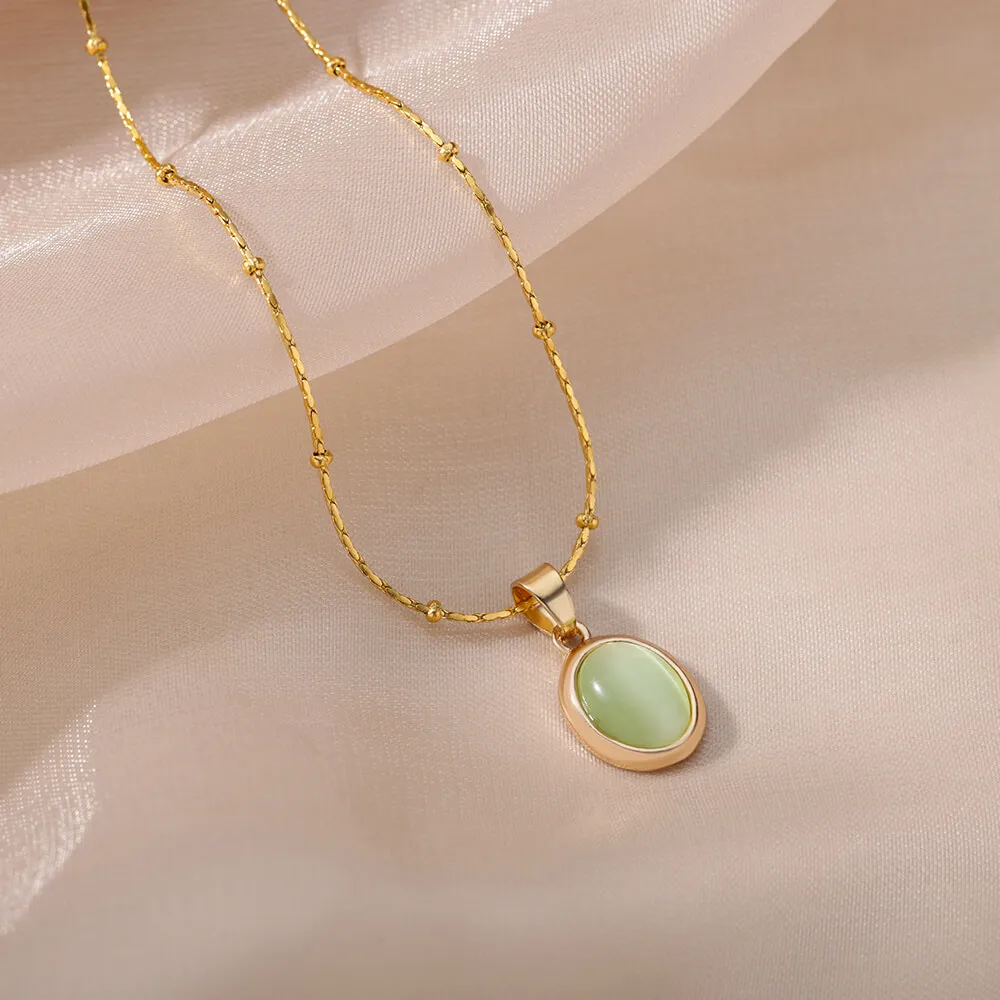 Fashion Stone Opal Oval Necklace for Women Stainless Steel Gold Color Oval Stone Pendant Necklace Wedding Aesthetic Jewelry Gift photo 6