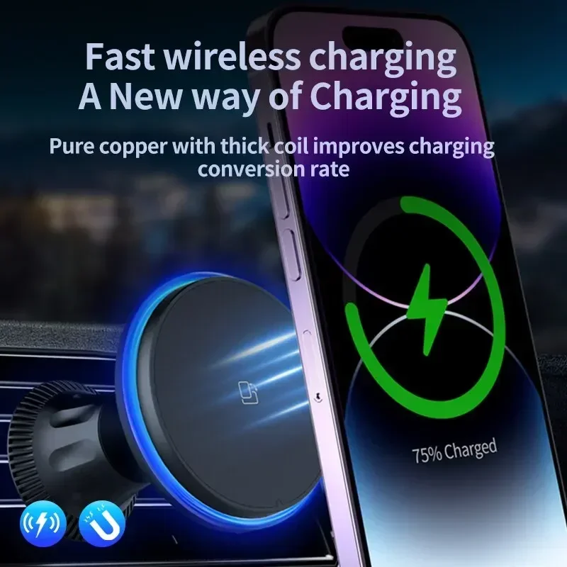 LED/RGB Magnetic Car Wireless Charger For iPhone 12 13 14 15 Pro Max Macsafe Car Phone Holder Stand Mount Fast Charging Station photo 5