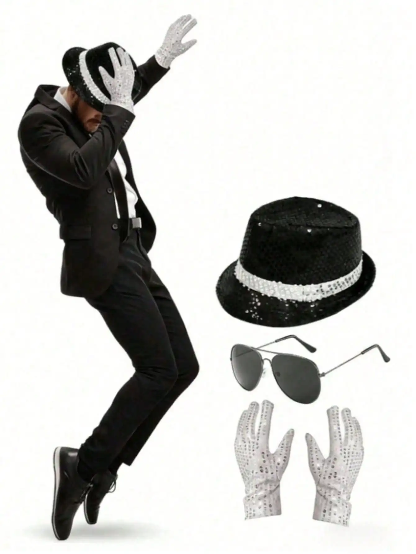 Michael Jackson Costume Accessories Set - Sequin Fedora Hat + Rhinestone Gloves + Aviator Sunglasses, Halloween Cosplay Party Dr photo 1