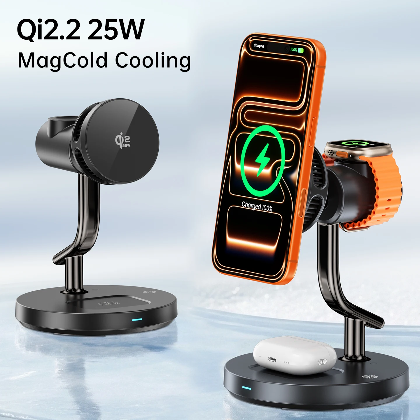 Qi2 25W TEC Cooling Fan Light Night Magnetic Wireless Charger Stand for iPhone 17 Pro Max Samsung Apple Watch 2-8 SE Airpods Pro photo 2