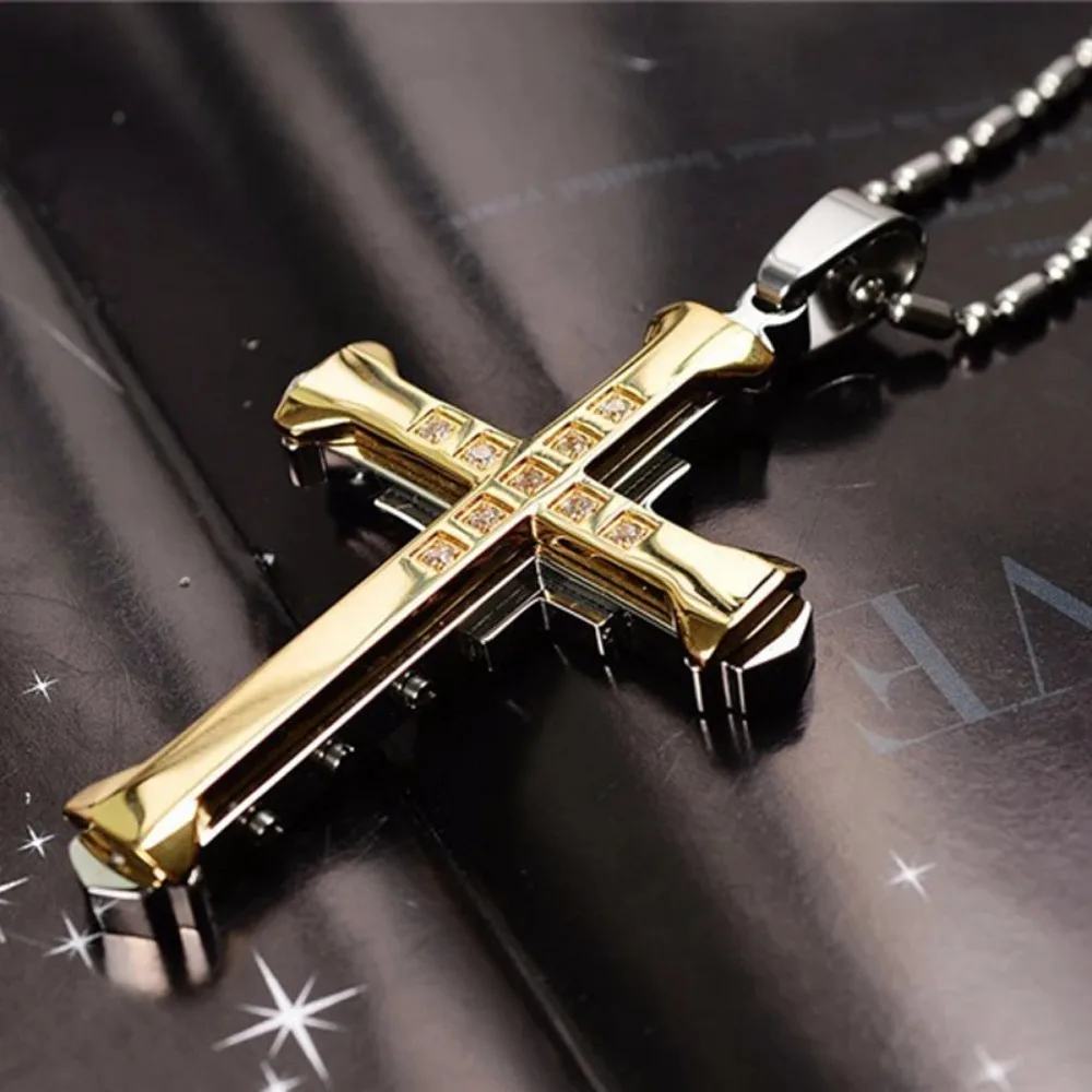 2024 New Male Crystal Cross Jesus Pendant Gold/Black/Blue Color Zirconia Cross Pendant Necklace Stainless Steel Jewelry photo 5