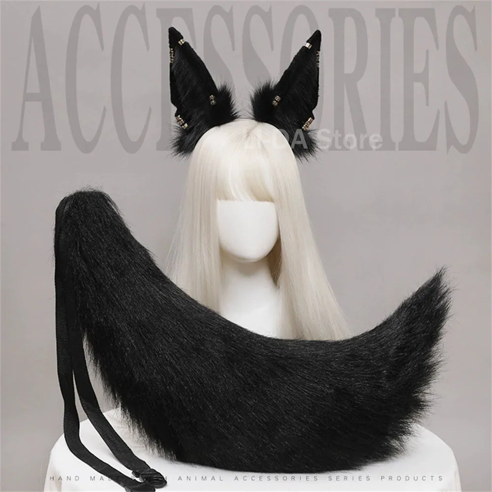Plush Animal Wolf Ears Headwear Tail Set Furry Jackal Ears Headdress Handmade Costume Anime Sexy Fox Tail Cosplay Accessories photo 3