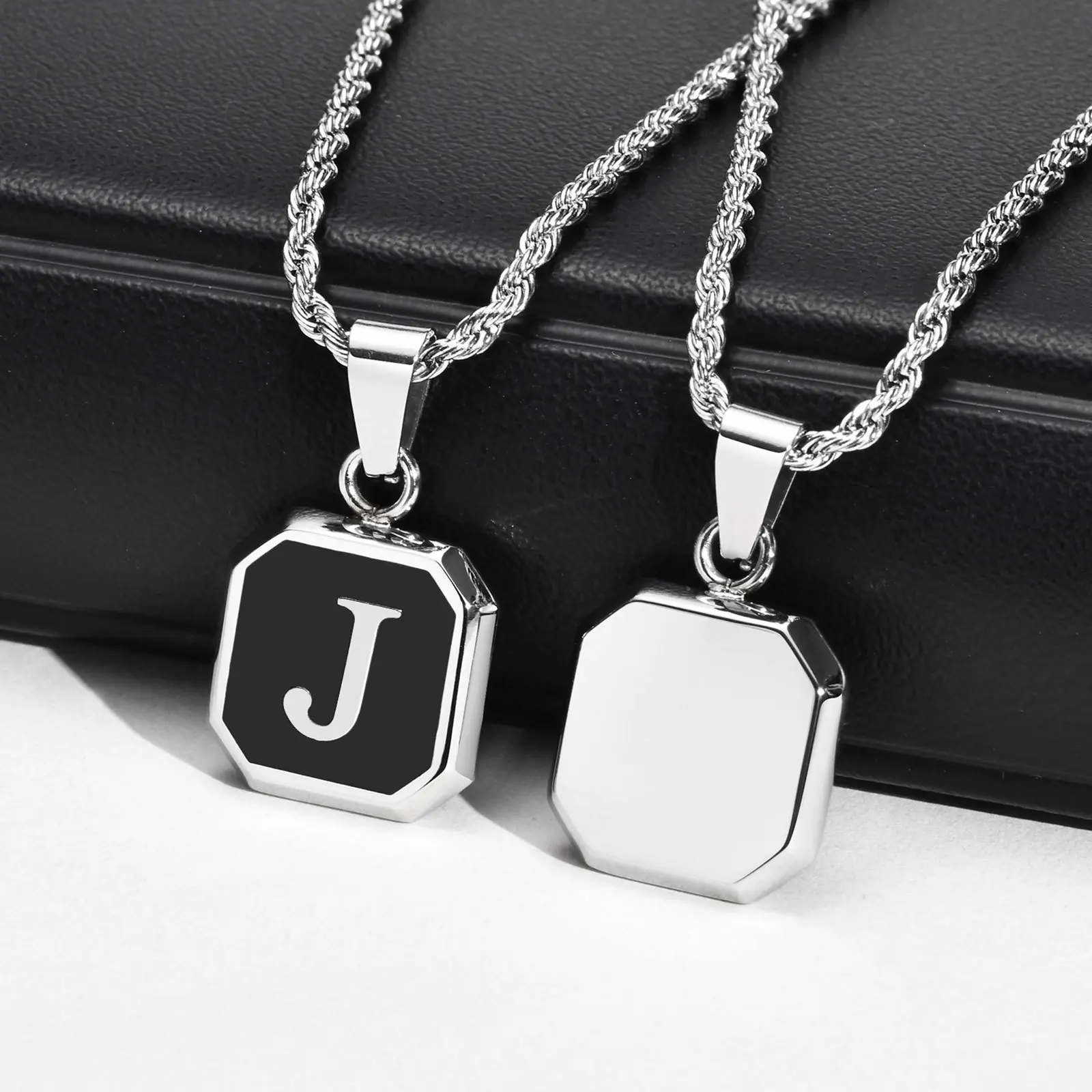 Initials Necklaces for Men Women,A-Z 26 Letters Black Square Stainless Steel Pendant Collar,45-60CM Twisted Rope Chain Gifts photo 1