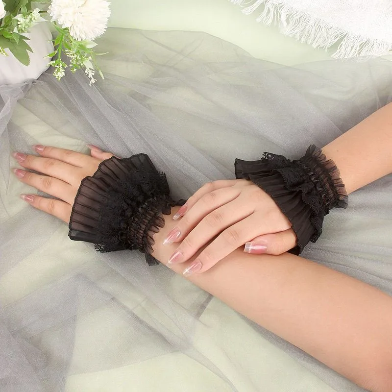 Gothic Lolita Hand Wrist Cuffs Bowknot LaceTrim Maid Cosplay Accessories For Women Girl Party photo 5