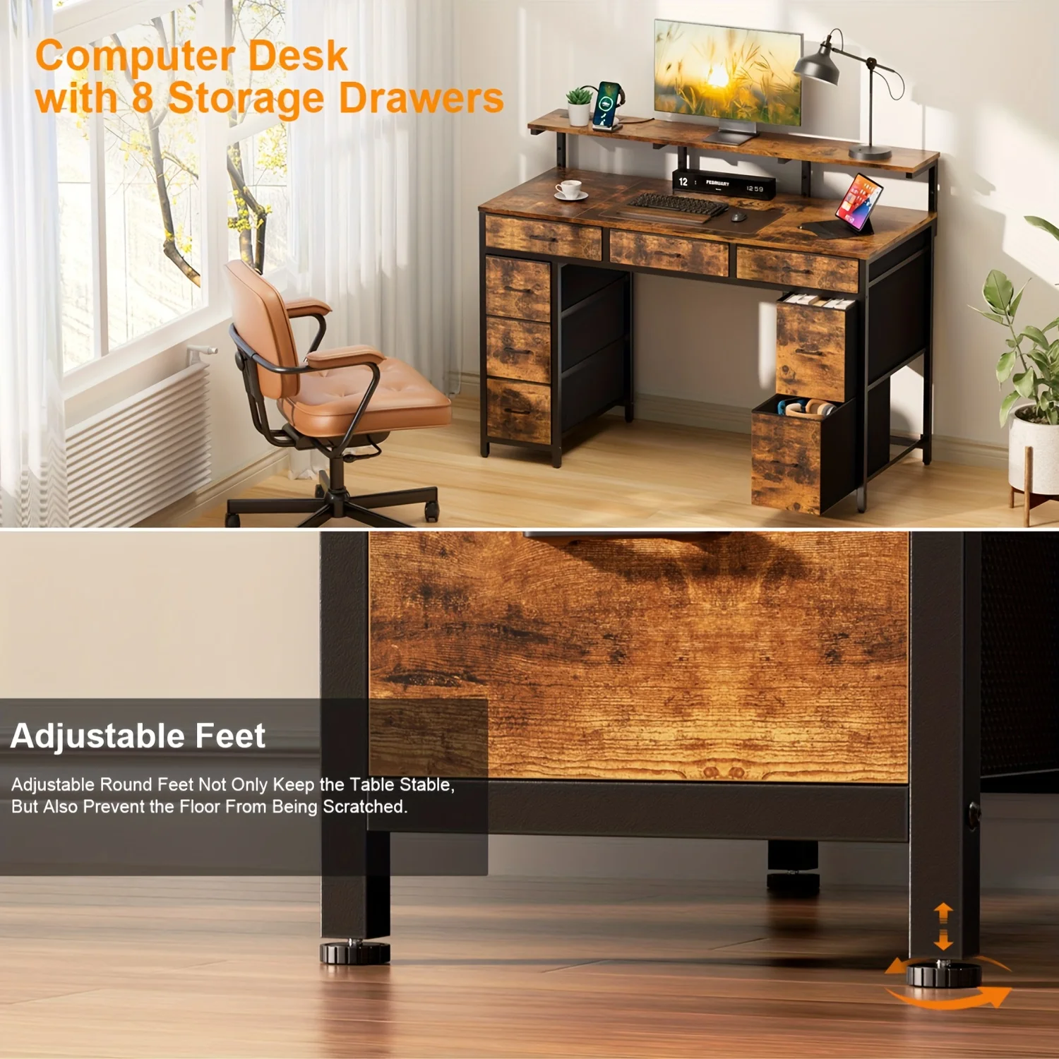 Computer Desk with 8 Storage Drawers, Adjustable Monitor Stand, Writing Desk with LED Lights & USB Power Outlets, Gaming Table photo 7