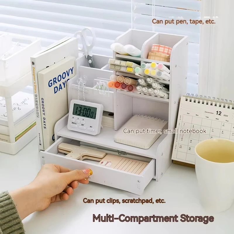 Mark Pen Pencil Holder Wooden Desk Organizers Shelves Accessories Desktop Stationery Organizer Bookshelf Home Office Storage Box photo 4