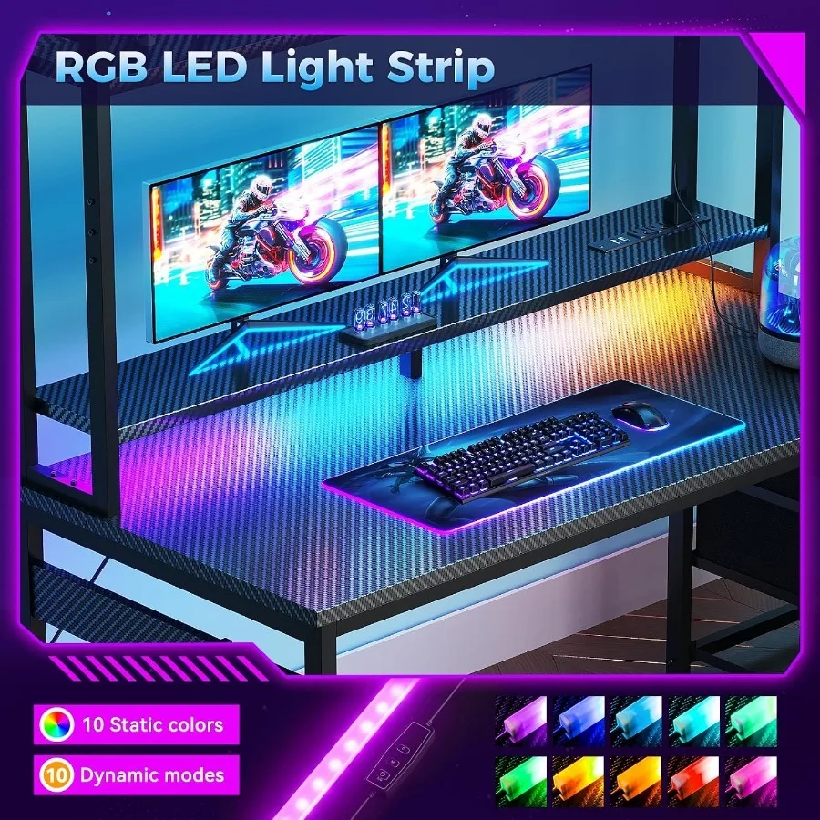 Gaming Desk with Shelves and 3 Drawers and LED Light and Hutch photo 4