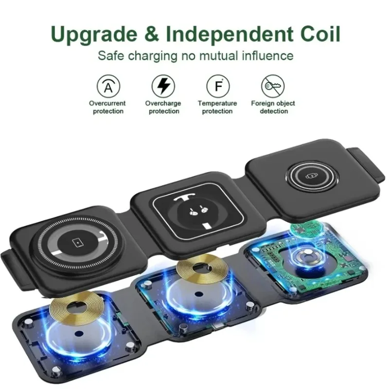 3-in-1 Folding Magnetic Wireless Charger Phone Stand Auto-alignment for iPhone 16 15 14 13 iWatch Airpods Fast Charging Station photo 4