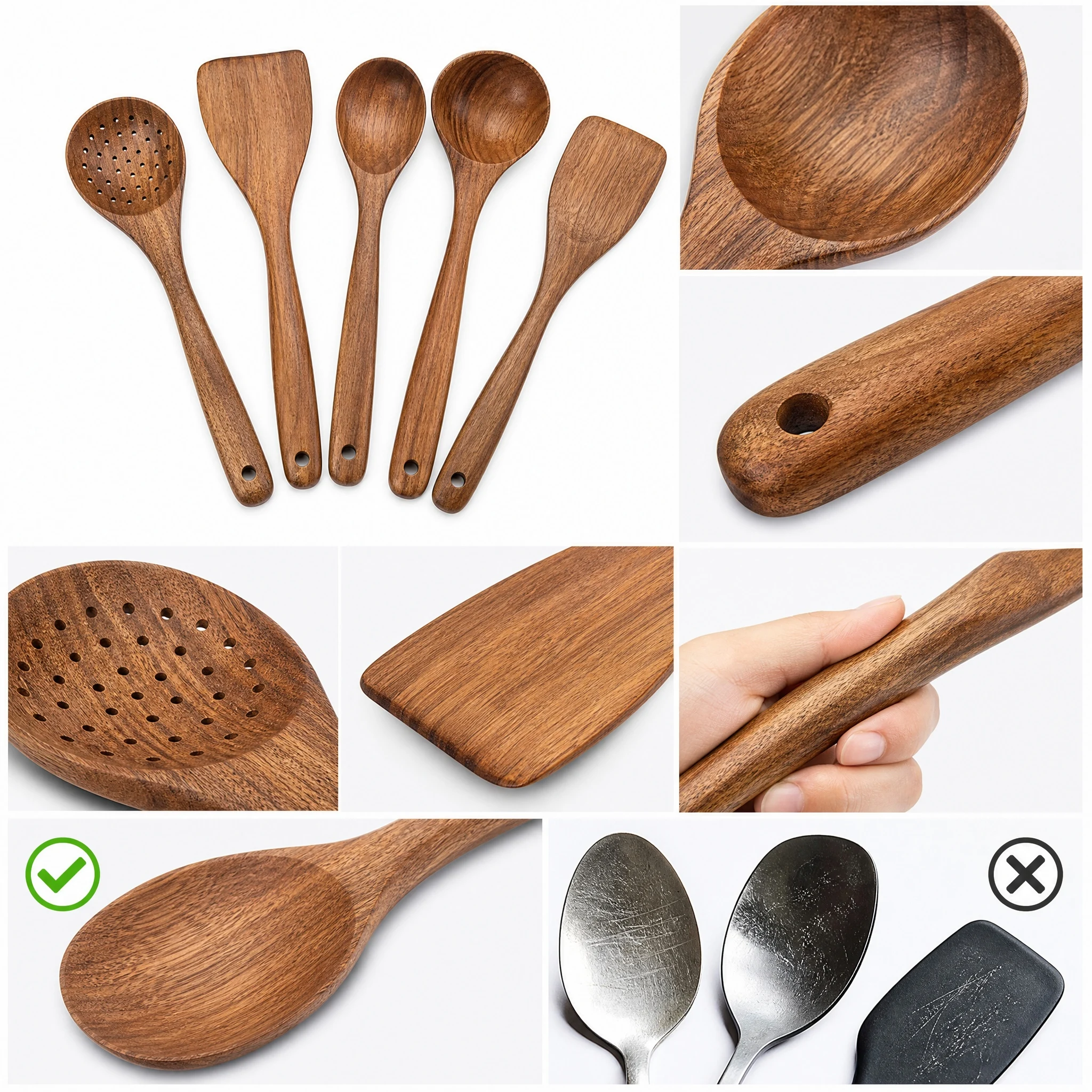 5pcs Wooden Utensil Set with Hanging Holes, Food Grade Spoons and Spatula 24-33.7cm, Non-Toxic Smooth Kitchen Tools for Cooking photo 5