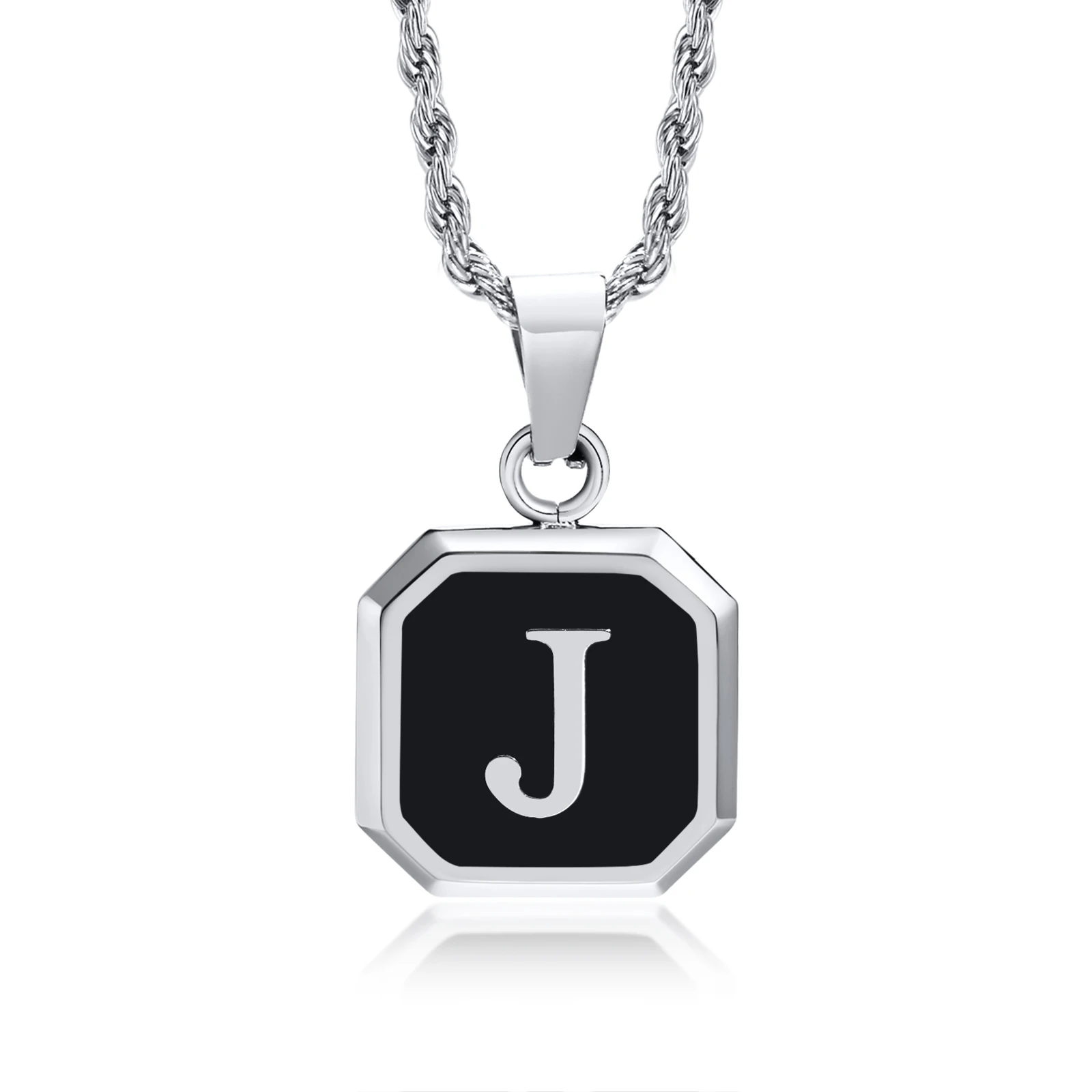 Initials Necklaces for Men Women,A-Z 26 Letters Black Square Stainless Steel Pendant Collar,45-60CM Twisted Rope Chain Gifts photo 4