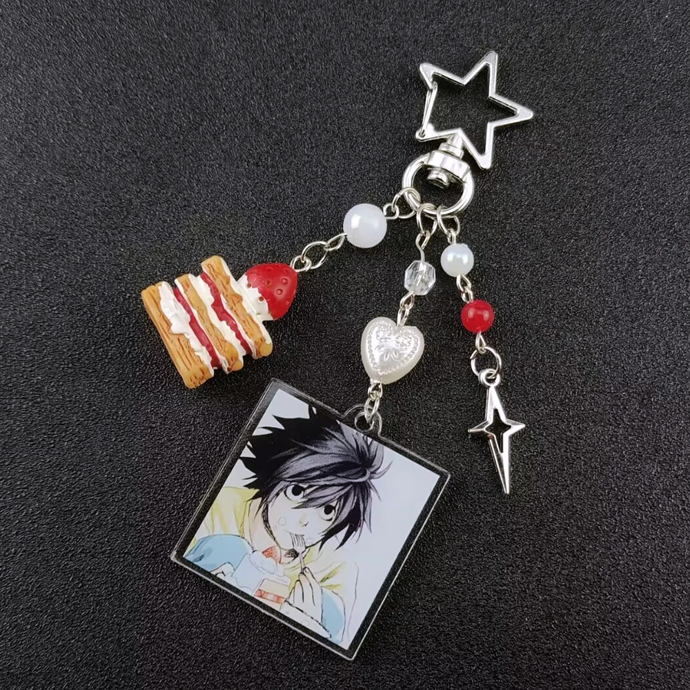 Handmade Anime Death Note L Lawliet Cake Beaded Keychain Bag Charms Aesthetic Handbag Pendant Key Ring Christmas Gift photo 3