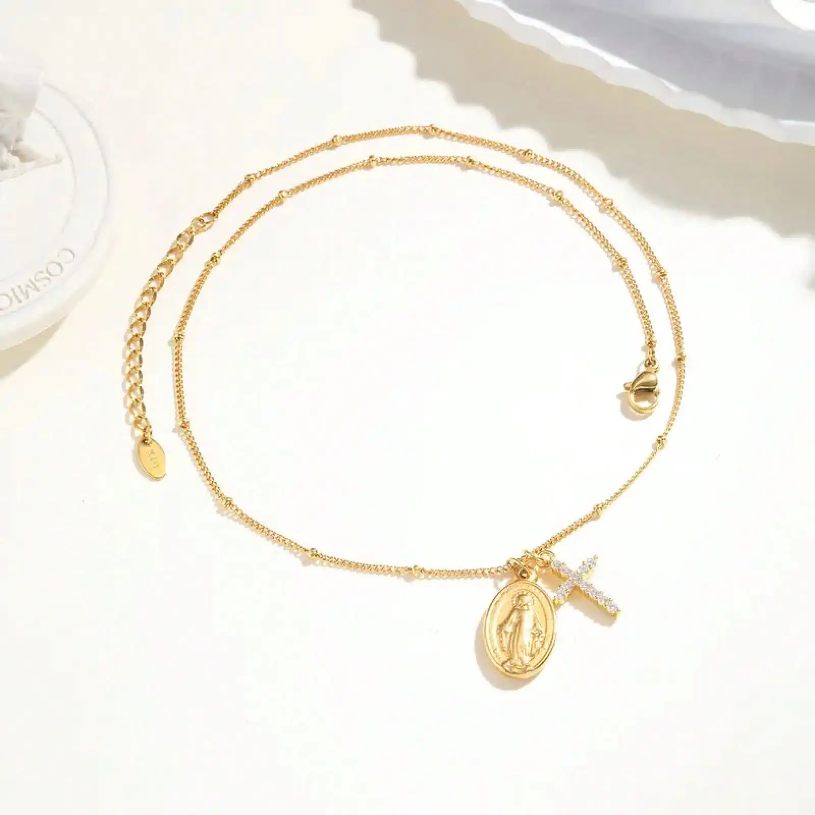 Cross Virgin Mary Pendant Necklace For Women,Stainless Steel Gold Plated Bead Chain Necklace, Religious Prayer Jewelry photo 5