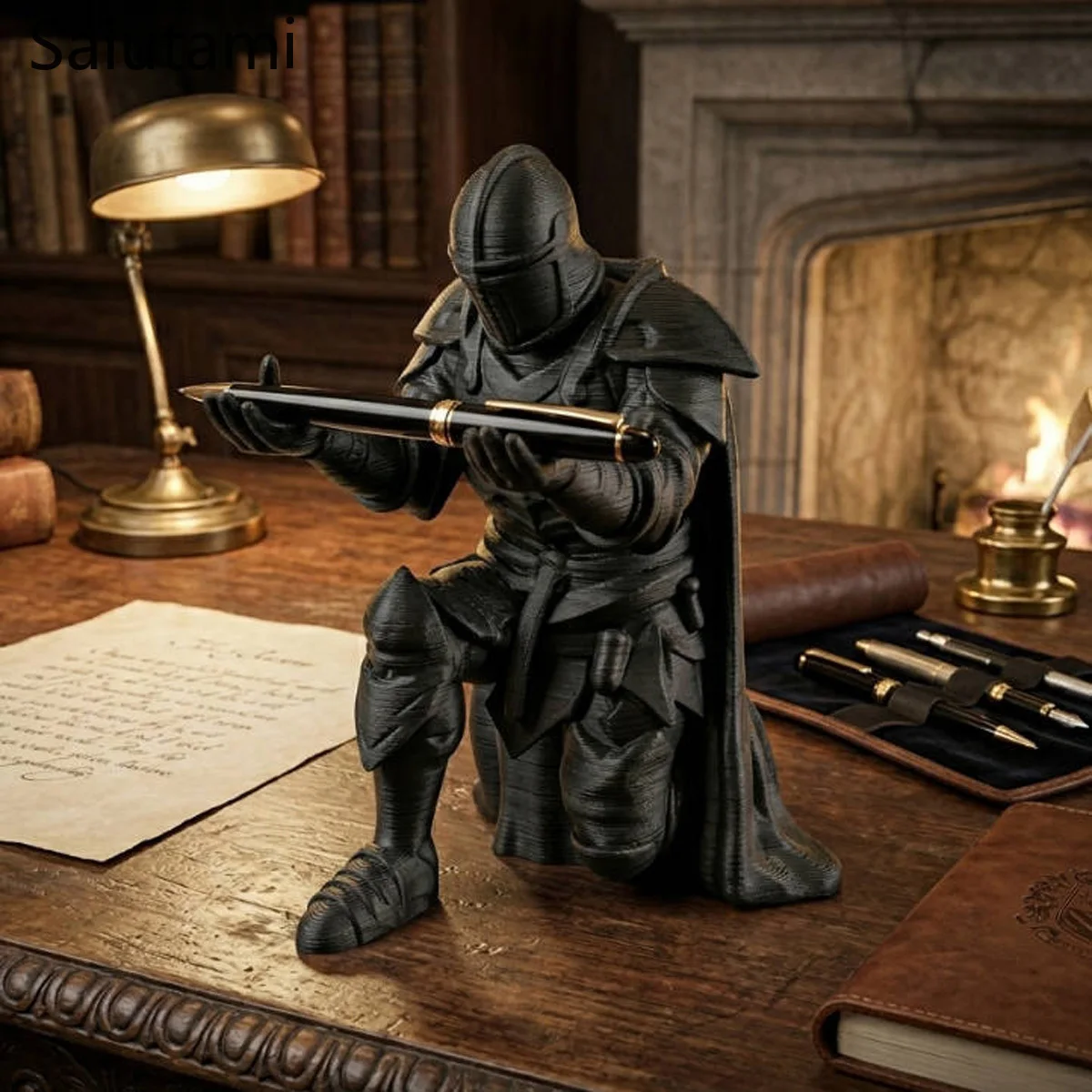 Pen Holder 3D Printed Medieval Knight Black Silver Warrior Statue Desk Organizer Creative Office Desktop Decor Stationery Gift photo 6