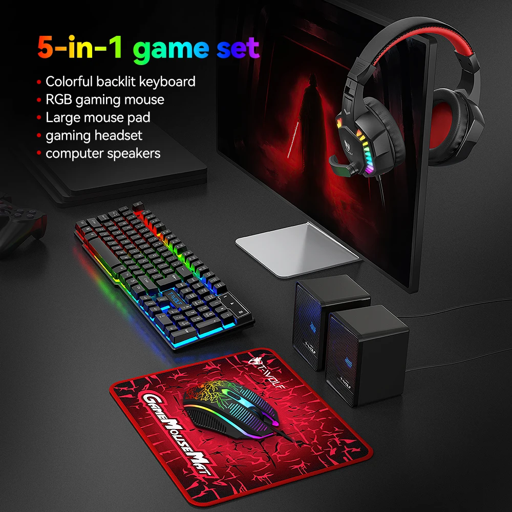 5-in-1 Set Gaming Combo Keyboard 4-color Breathing Light Mouse 3.5mm Gaming Headset Gaming Speaker Anti-slip Mouse Pad NEW HOT photo 6
