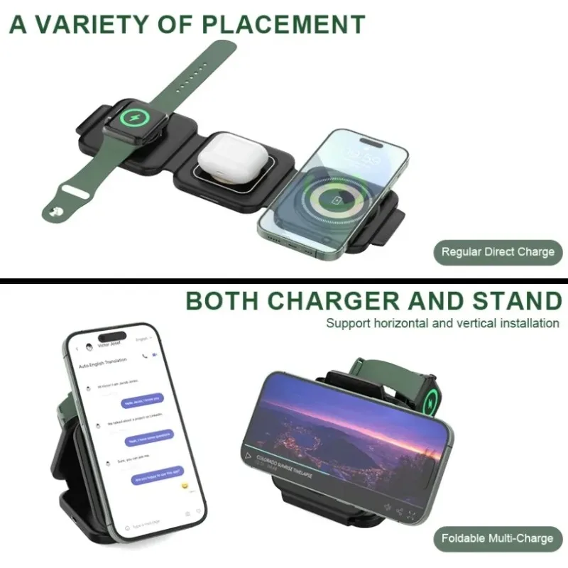 3-in-1 Folding Magnetic Wireless Charger Phone Stand Auto-alignment for iPhone 16 15 14 13 iWatch Airpods Fast Charging Station photo 3