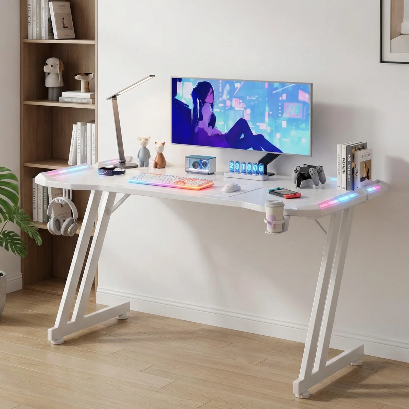 47/55/63inch Gaming Desk, Carbon Fibre Gaming Table with LED Lights, Z Shaped Ergonomic Desk with Cup Holder & Headphone Hook, White photo 6