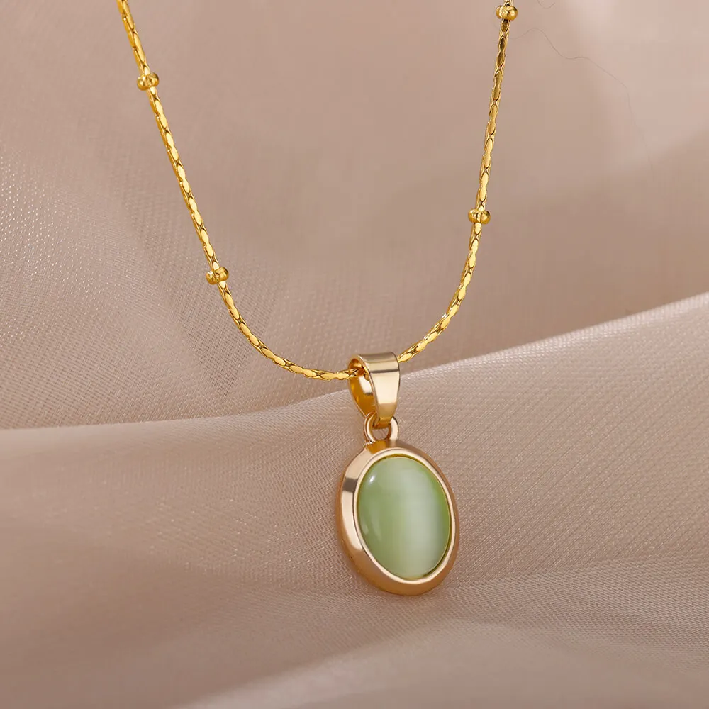 Fashion Stone Opal Oval Necklace for Women Stainless Steel Gold Color Oval Stone Pendant Necklace Wedding Aesthetic Jewelry Gift photo 2