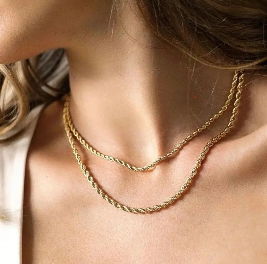 Punk Vintage Rope Chain Necklace for Men Women,Gold Color Stainless Steel Braided Twisted Chain,Hip Hop Casual Jewelry photo 5