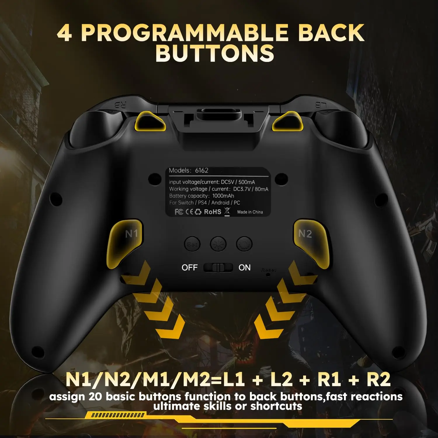 Wireless gaming controller with an interactive screen, compatible with PC, PS4, Switch, Android, and iOS devices. Features 4 programmable buttons, rapid-fire functionality, a 6-axis gyroscope, dual vibration feedback, and RGB lighting. photo 3