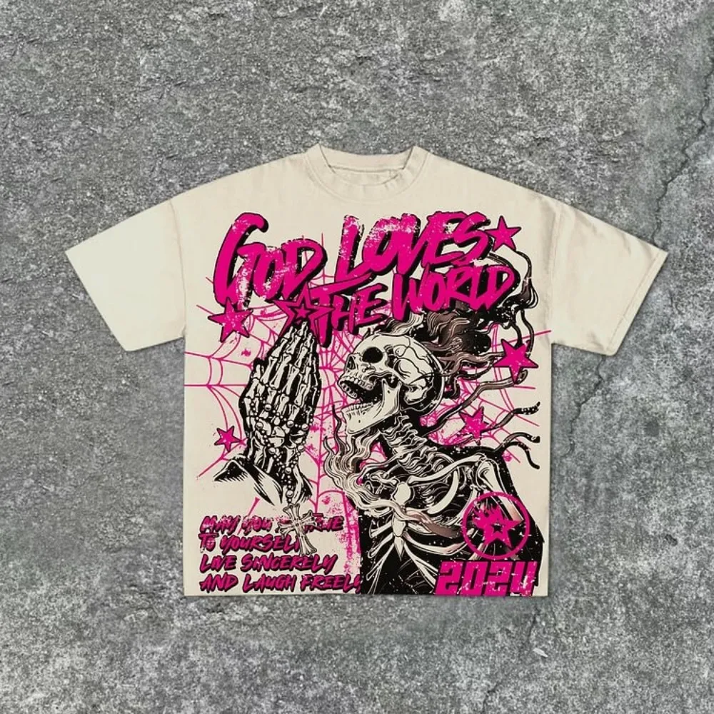 Summer men's fashion style skull print comfortable and breathable with round neck T-shirt outdoor warning top photo 5