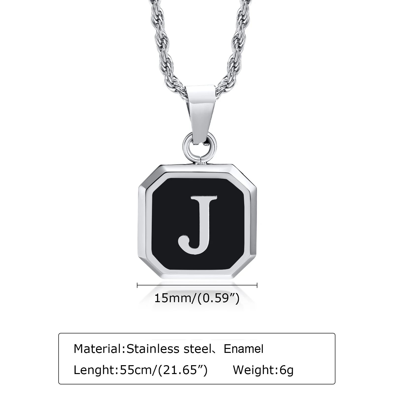 Initials Necklaces for Men Women,A-Z 26 Letters Black Square Stainless Steel Pendant Collar,45-60CM Twisted Rope Chain Gifts photo 6