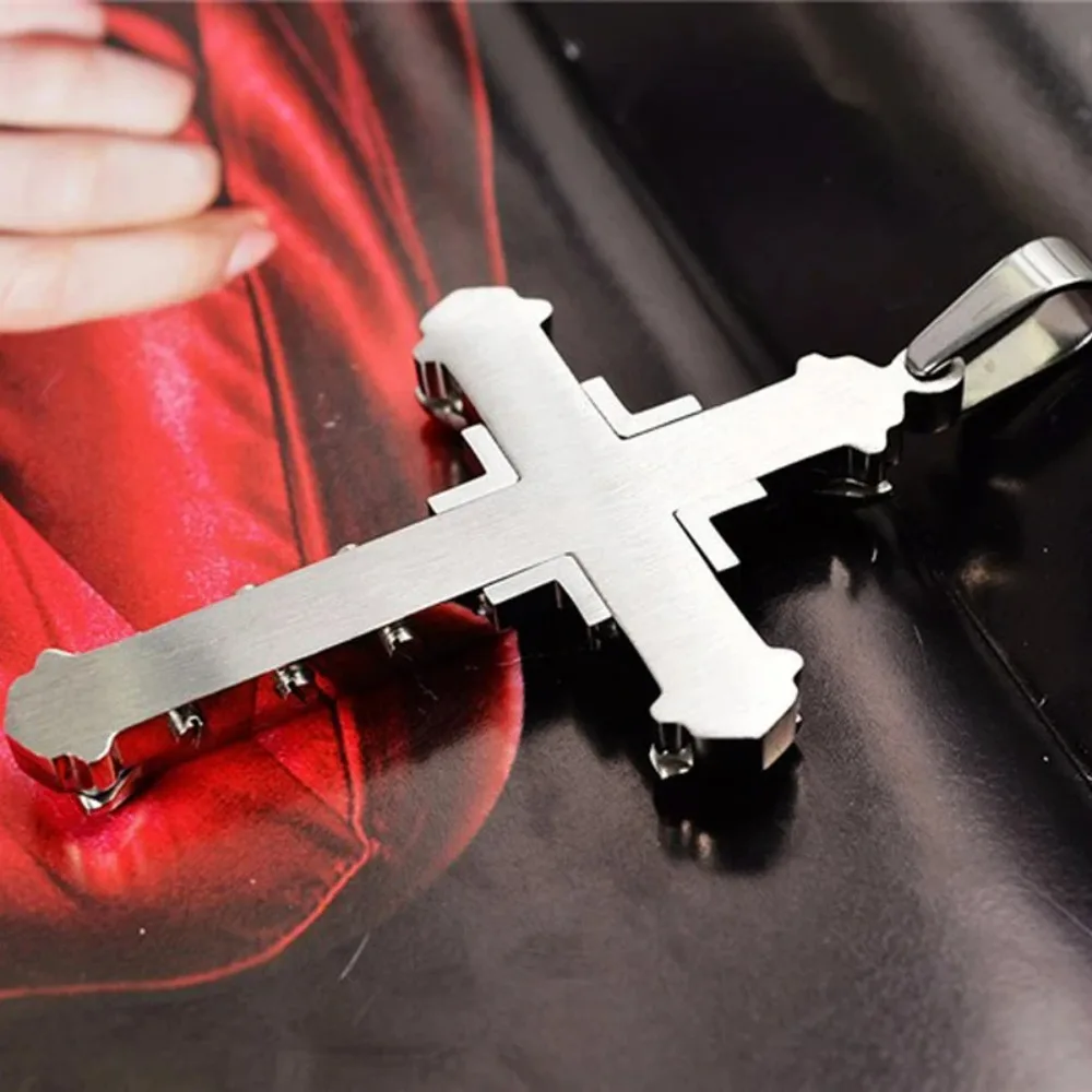 2024 New Male Crystal Cross Jesus Pendant Gold/Black/Blue Color Zirconia Cross Pendant Necklace Stainless Steel Jewelry photo 2