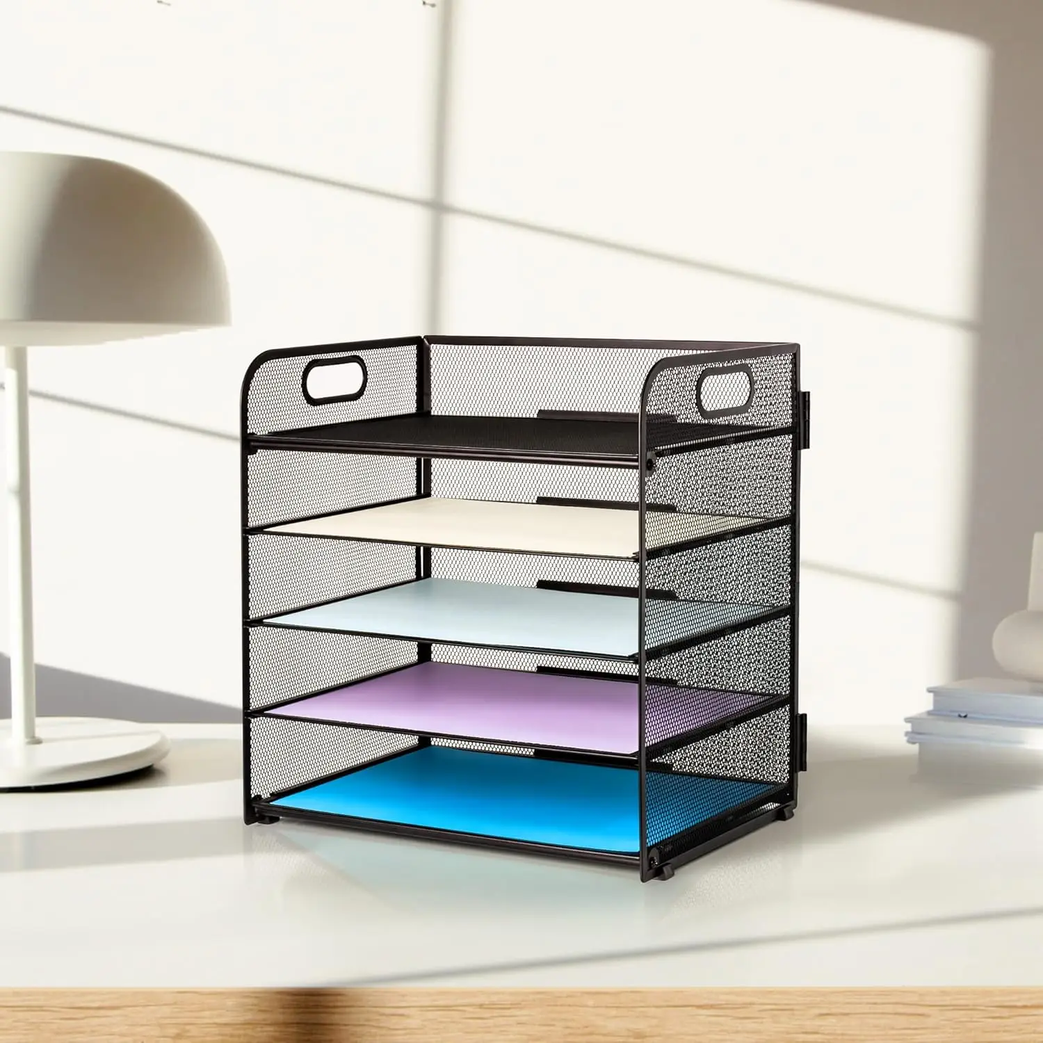 5 Trays Paper Organizer With Handle - Mesh Desk File/Letter Organizer, Black Paper Sorter For Office, Home Or School photo 2
