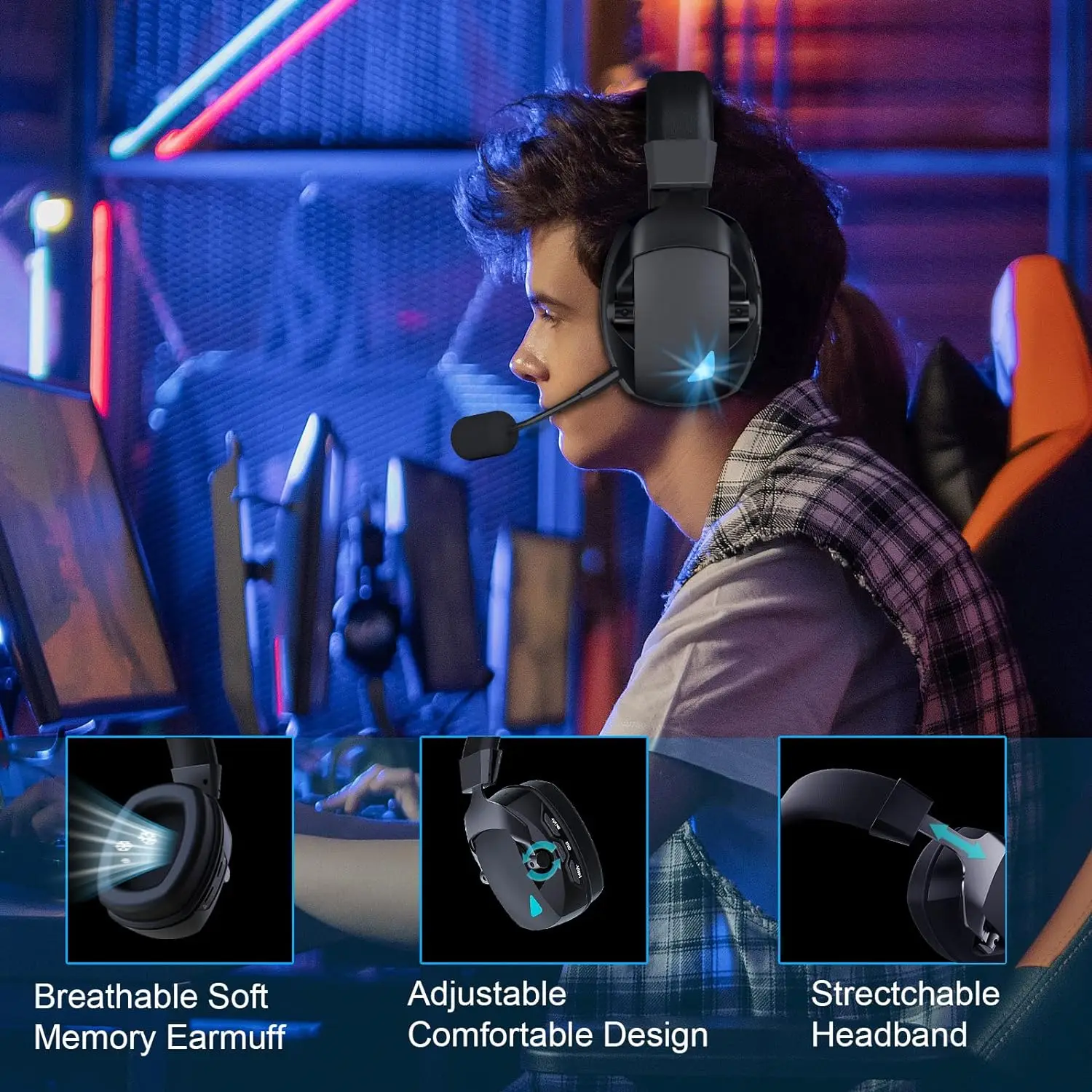 Gaming Headset with Detachable Noise Cancelling Microphone,2.4G Bluetooth-USB-3.5mm Wired Jack 3 Modes for Multi-device photo 4