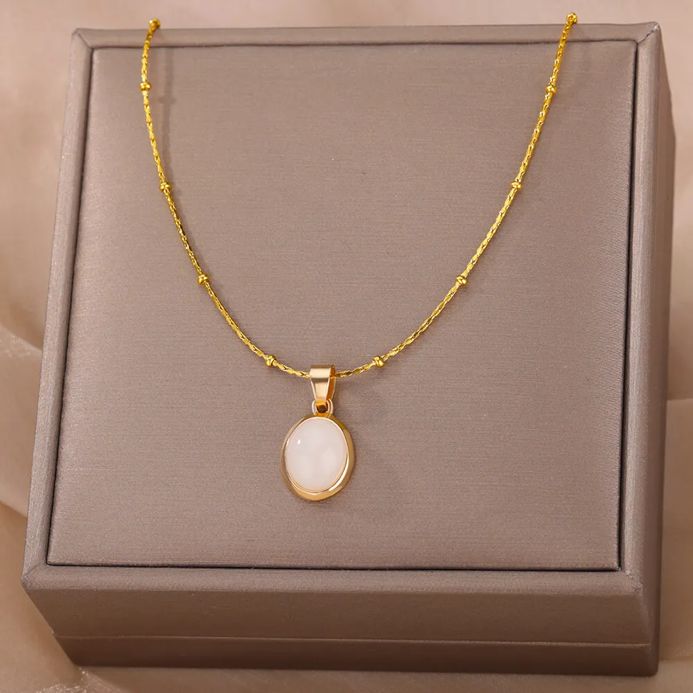 Fashion Stone Opal Oval Necklace for Women Stainless Steel Gold Color Oval Stone Pendant Necklace Wedding Aesthetic Jewelry Gift photo 3