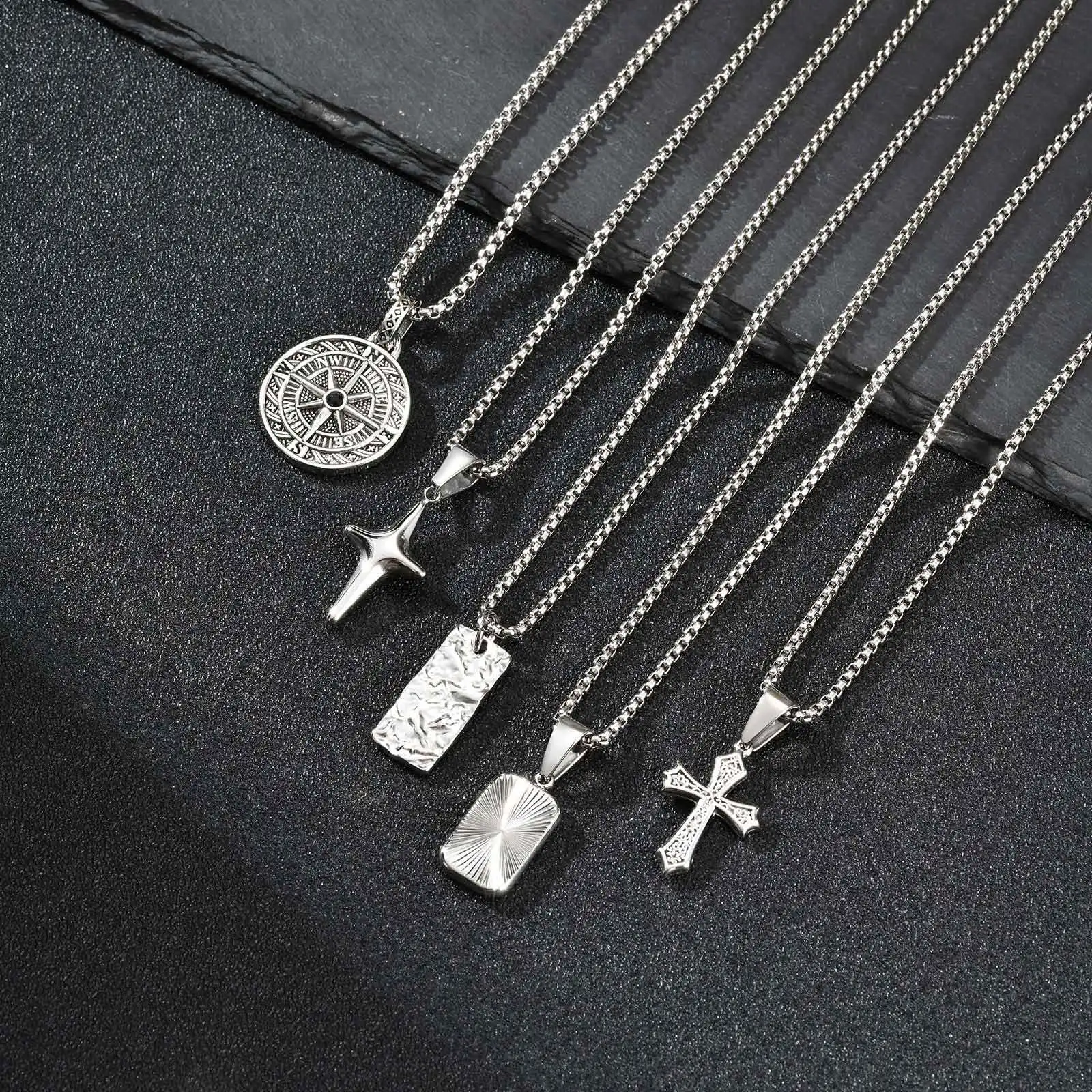 Men's Silver Color Geometric Pendant Necklace, Non Fading Stainless Steel Compass Necklace with Chain, Stylish Jewelry Gifts photo 4
