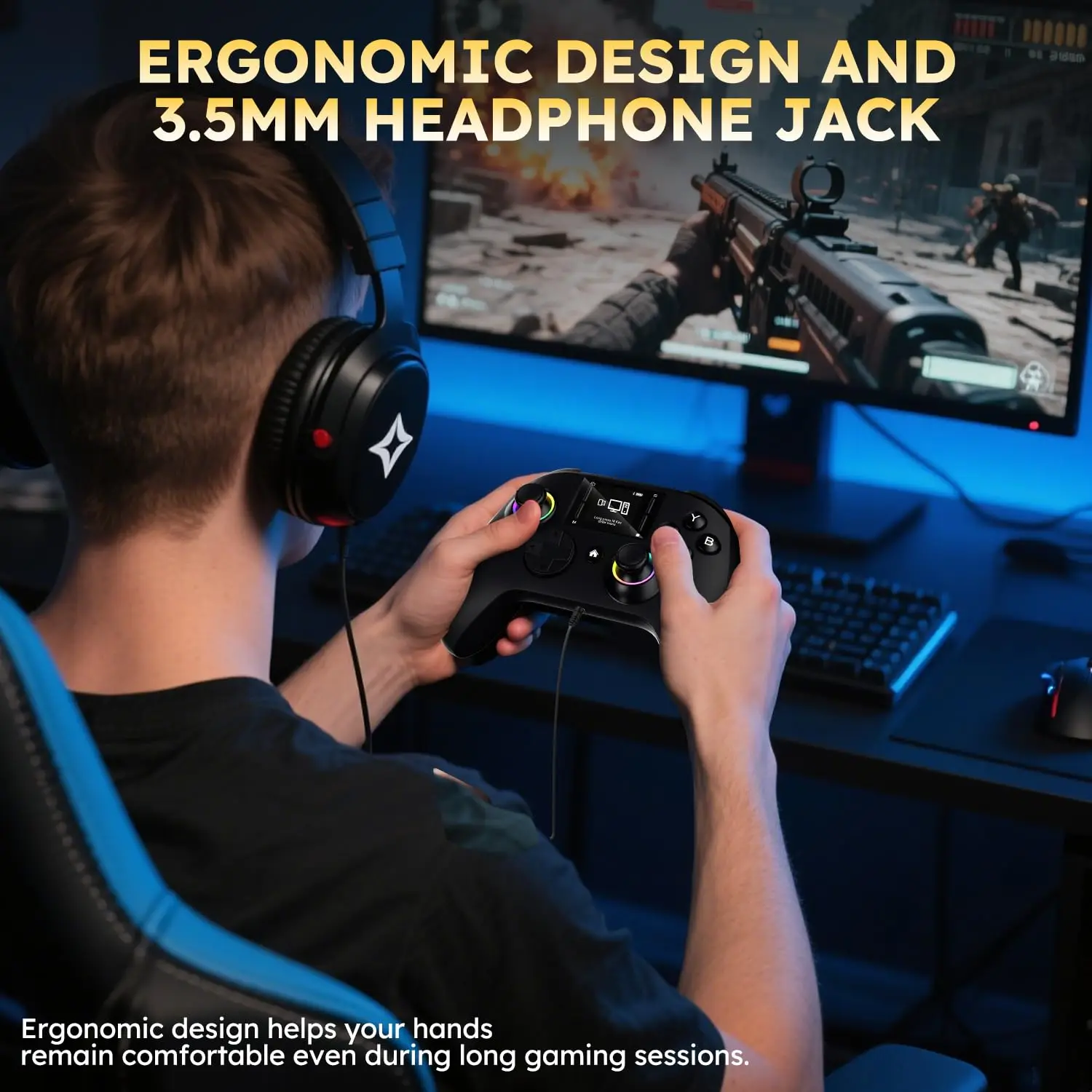 Wireless gaming controller with an interactive screen, compatible with PC, PS4, Switch, Android, and iOS devices. Features 4 programmable buttons, rapid-fire functionality, a 6-axis gyroscope, dual vibration feedback, and RGB lighting. photo 8