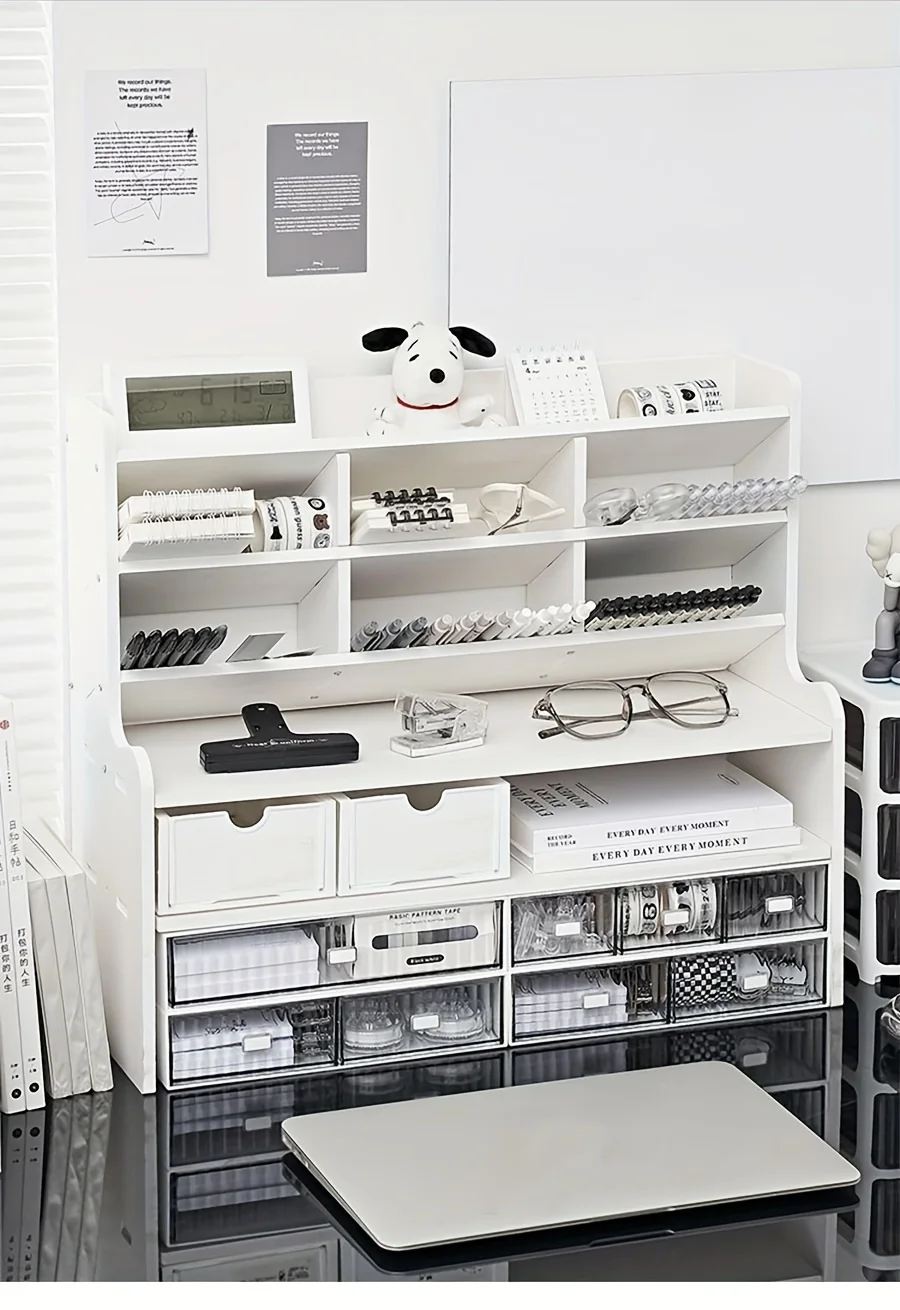 1PC 2-Tier Desk Organizer & Drawer Storage|With Tilt Pen Holder, Raised Bookshelf |Matte White PVC For Stationery, Cosmetics, O photo 2
