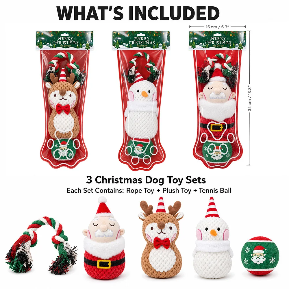 Christmas Dog Toy Set Squeaky Rope Chew Toys for Puppy Pet Teeth Cleaning Play Balls Holiday Gift for Small Medium Large Dogs photo 2