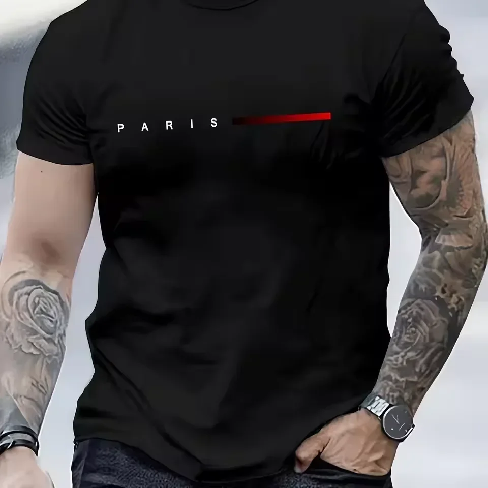 Men's 100% Cotton Summer Loose PARIS Creative Letter Print Casual Slim Fit Round Neck Short Sleeved T-shirt Top photo 1