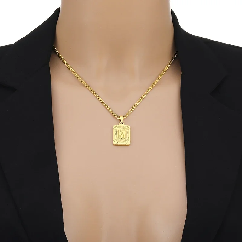 Initial Pendant Necklace for Women Simple Stainless Steel Cuba Link Charm Letter Square Necklace Men Jewelry Couple Gift photo 3