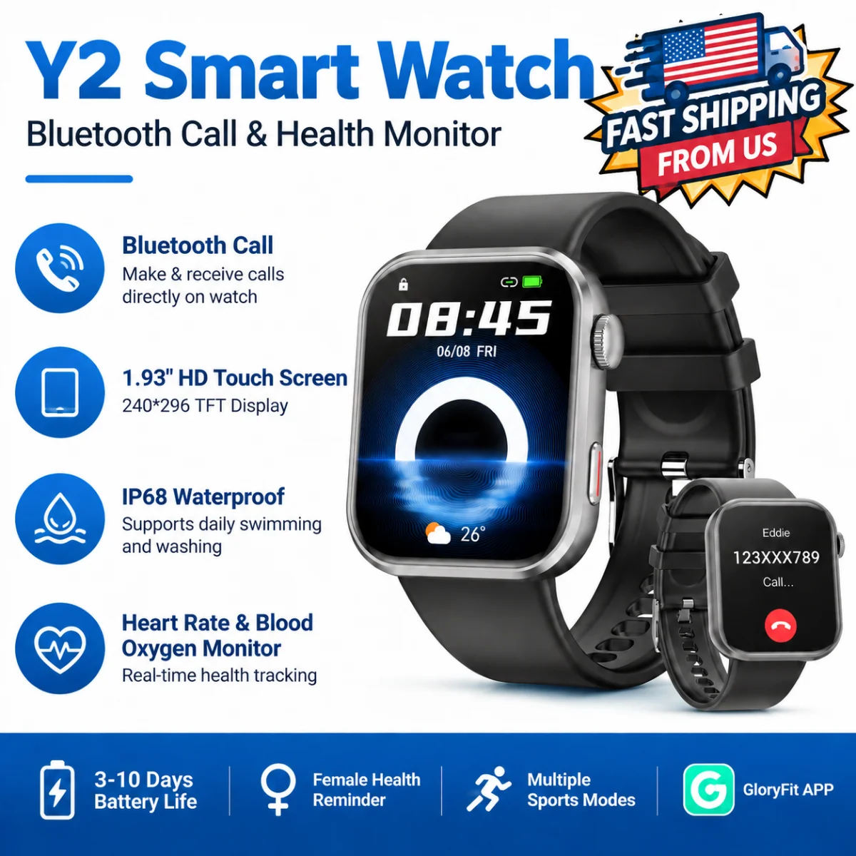 Y2 Smart Watch Bluetooth Call 1.93" HD Touch Screen IP68 Waterproof Heart Rate Blood Oxygen Monitor Fitness Watch For Android IOS photo 1