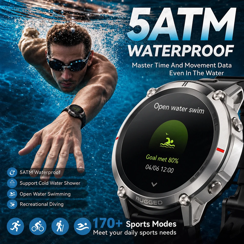 2026 Military Satellite Offline Map GPS Smart Watch Men 1.43''AMOLED Bluetooth Call Compass 5ATM Waterproof 170+Sport Smartwatch photo 3