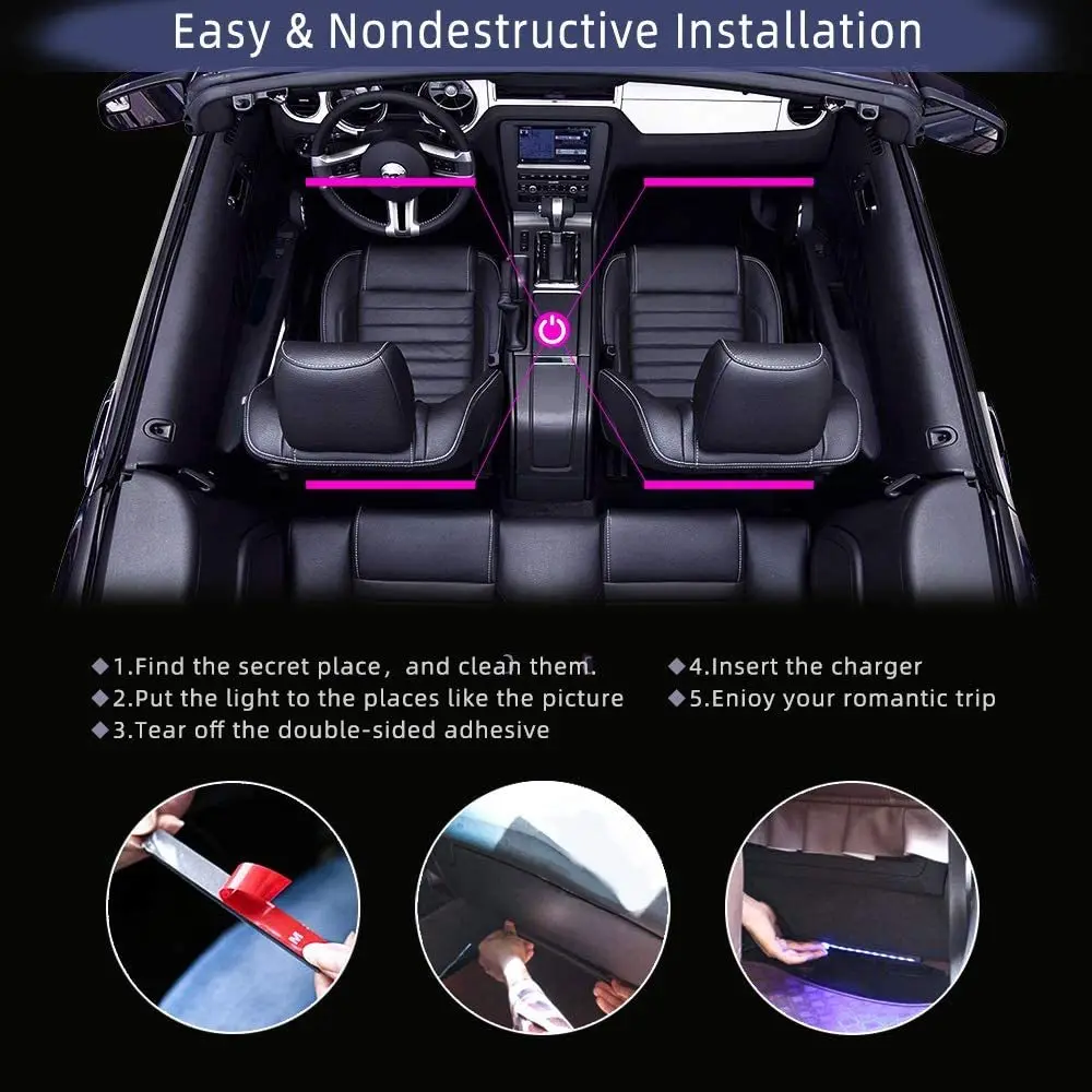 Neon LED Car Interior Ambient Foot Strip Light Kit Accessories Backlight Remote App Music Control Auto RGB Decorative Lamps photo 5