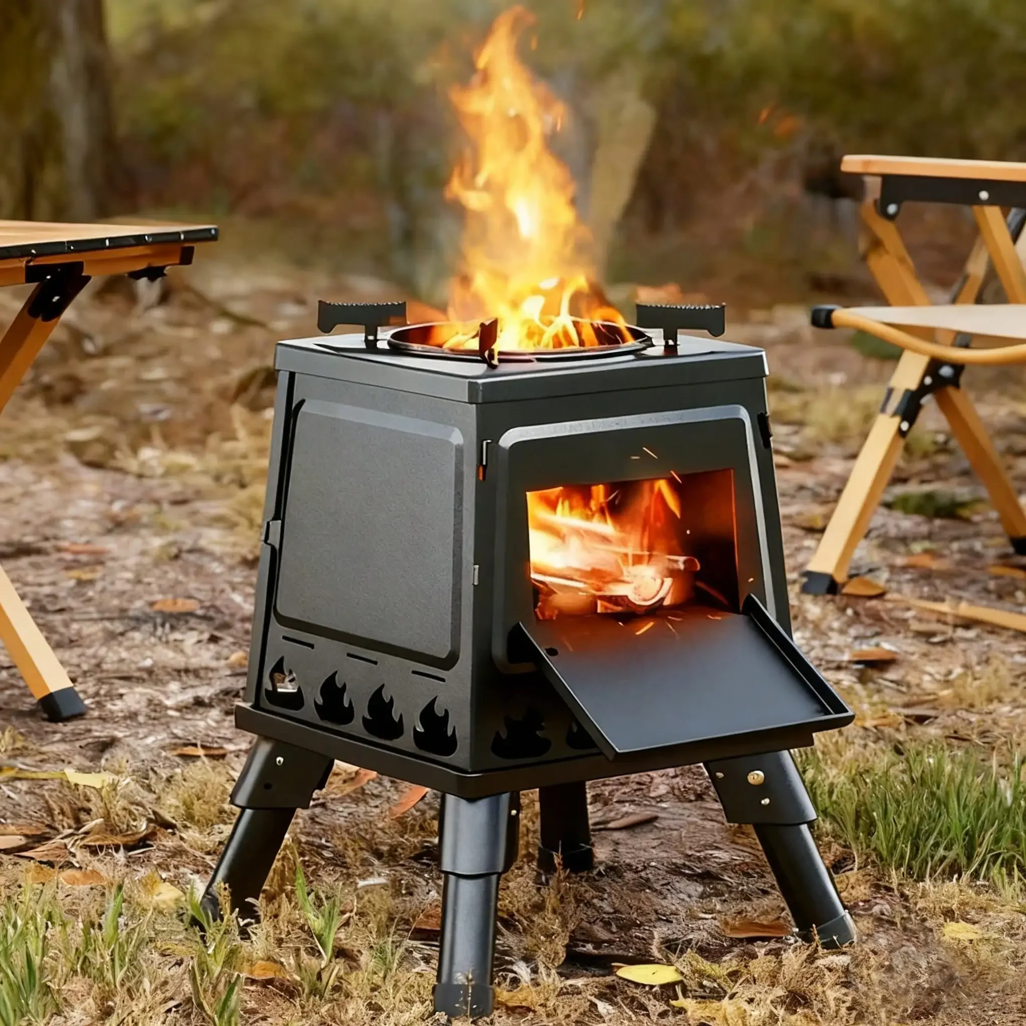 Wood Burning Camp Stove Portable Cast Iron Wood Stove For Outdoor Hiking Picnic BBQ Travel Black photo 2