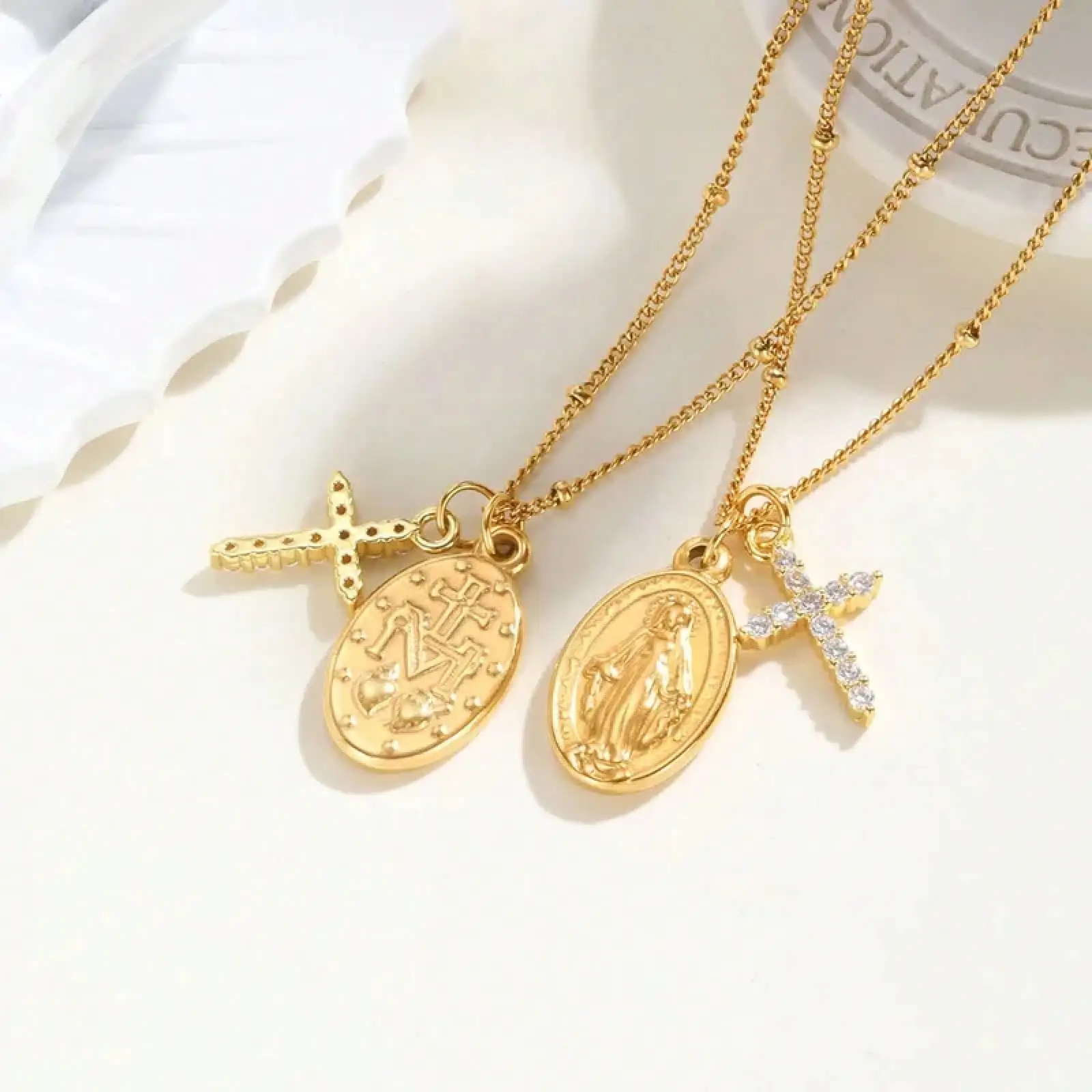 Cross Virgin Mary Pendant Necklace For Women,Stainless Steel Gold Plated Bead Chain Necklace, Religious Prayer Jewelry photo 2